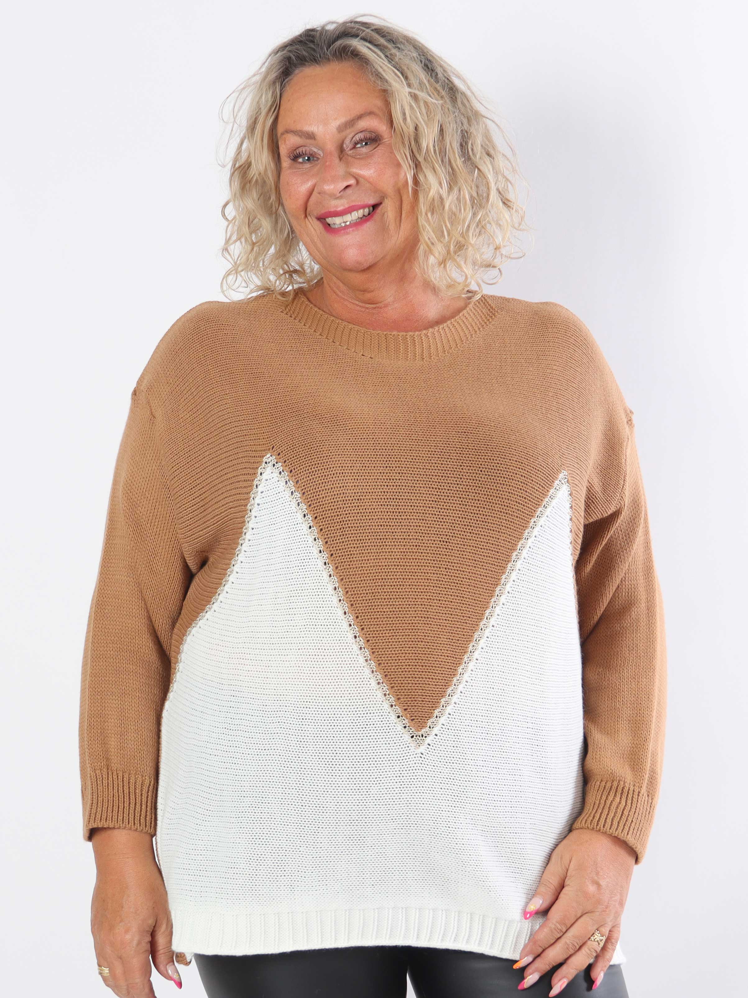 Amara Short - Tvåfärgad stickad plus size-blus med gulddetaljer