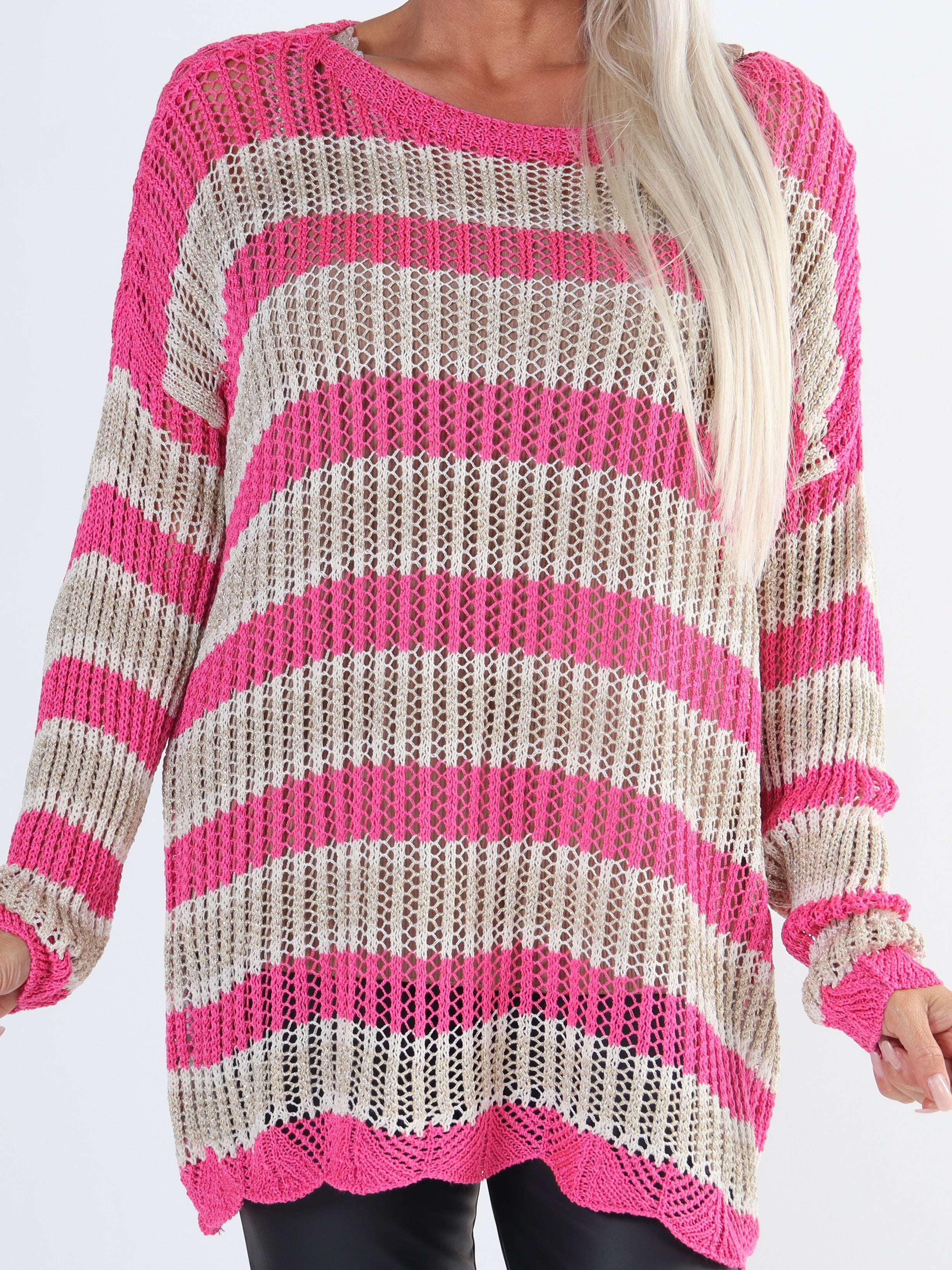 Ania - Plussize randig stickad blus med hål