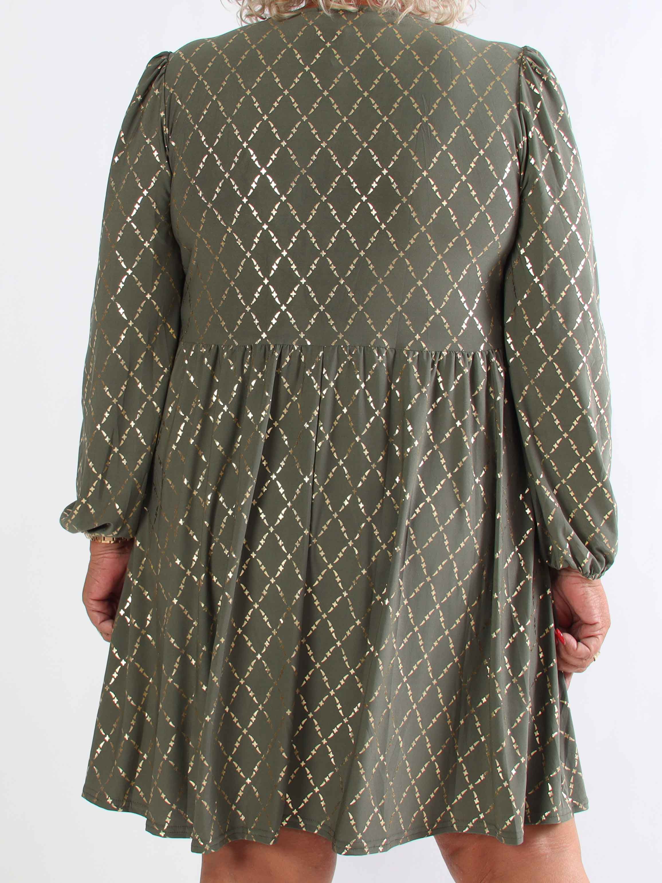 Cersei Gold Check - Plus size babydoll klänning med guldfärgat mönster och rosetter