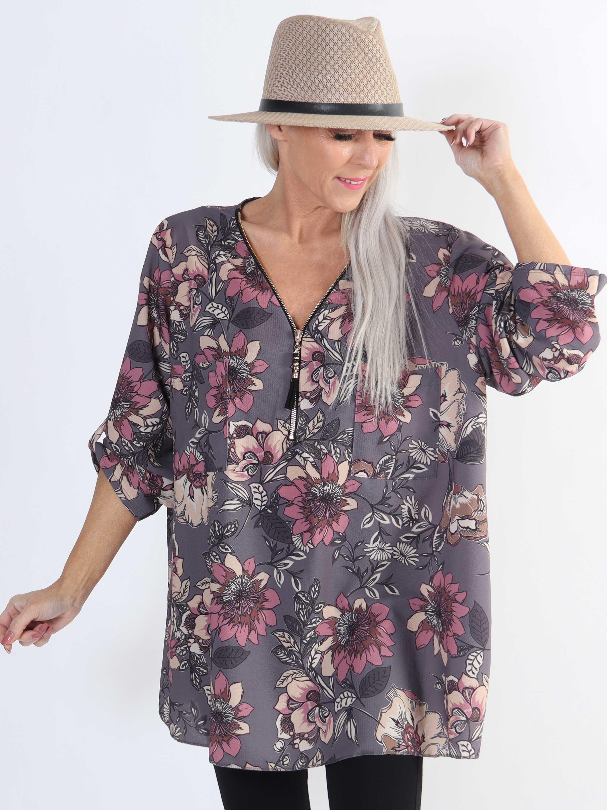 Claudia Flower - Tunika med blommigt tryck och dragkedja i plusstorlek