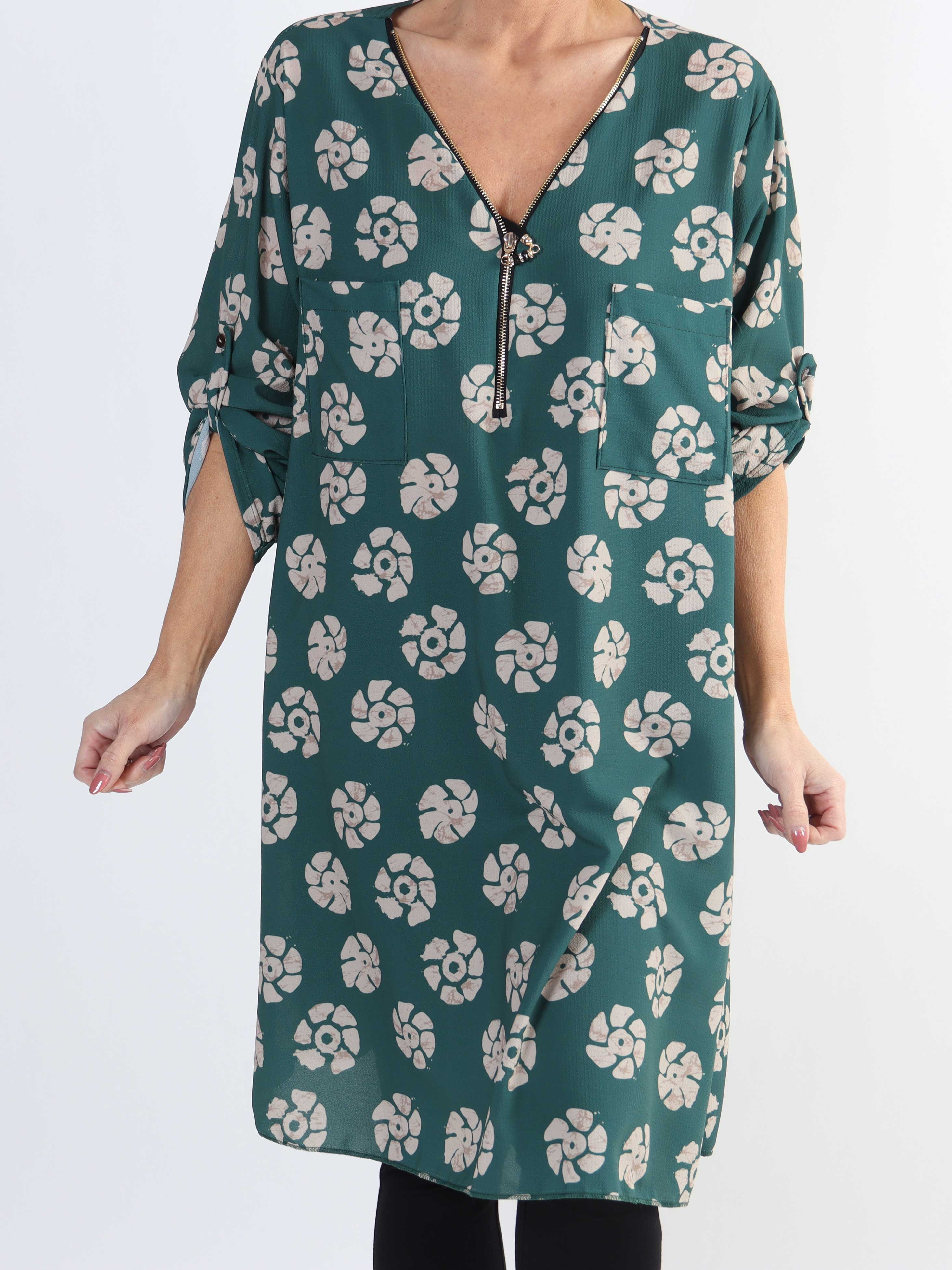 Claudia Print Dress - Tunikaklänning med tryck och dragkedja i plus size - Dusty blue