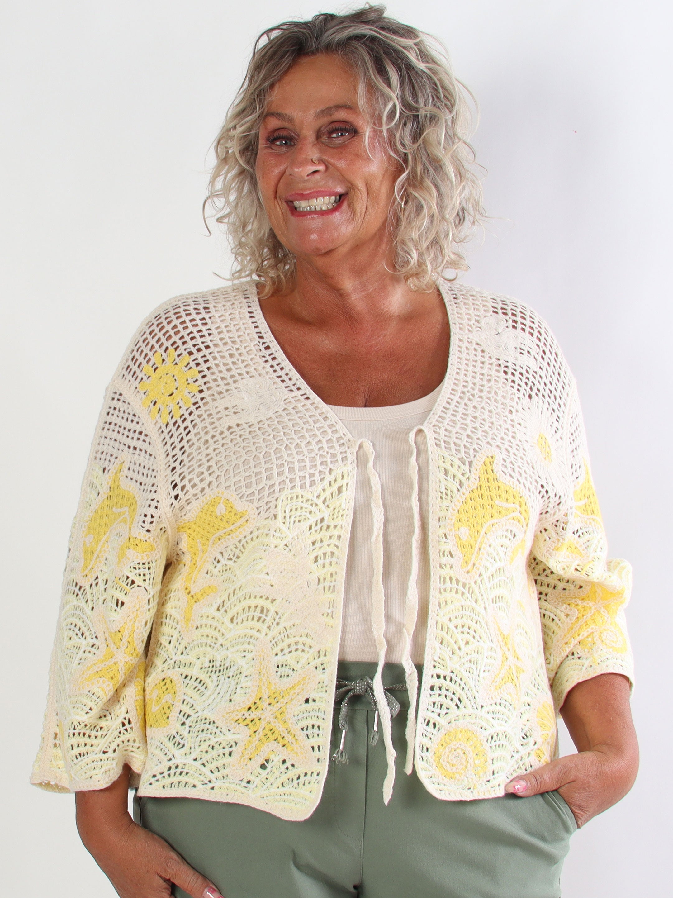 Diana - Hæklet plus size bomulds cardigan med sommermotiver