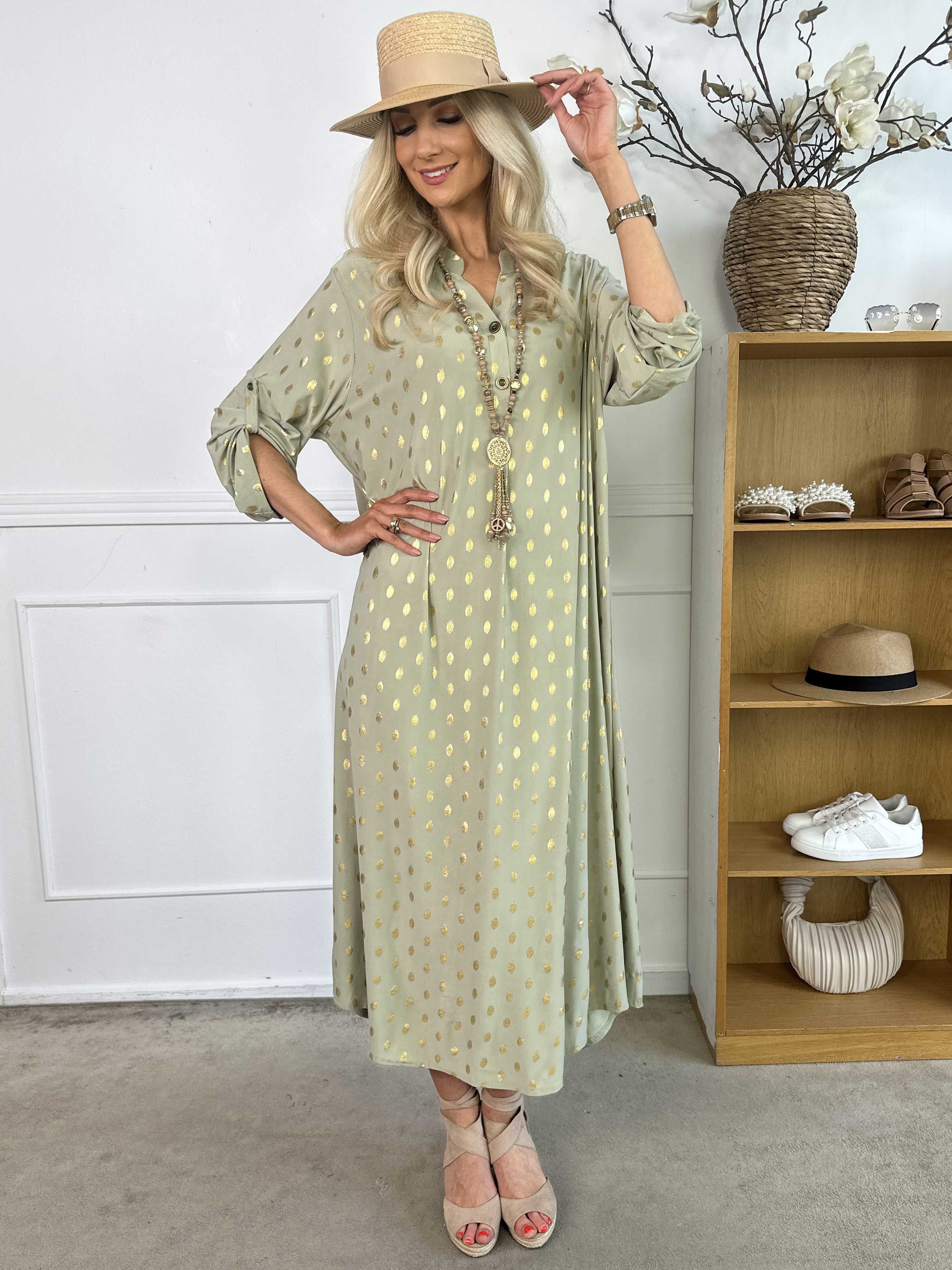 Ebba Gold Dress - Lång klänning med resår och guldprickar