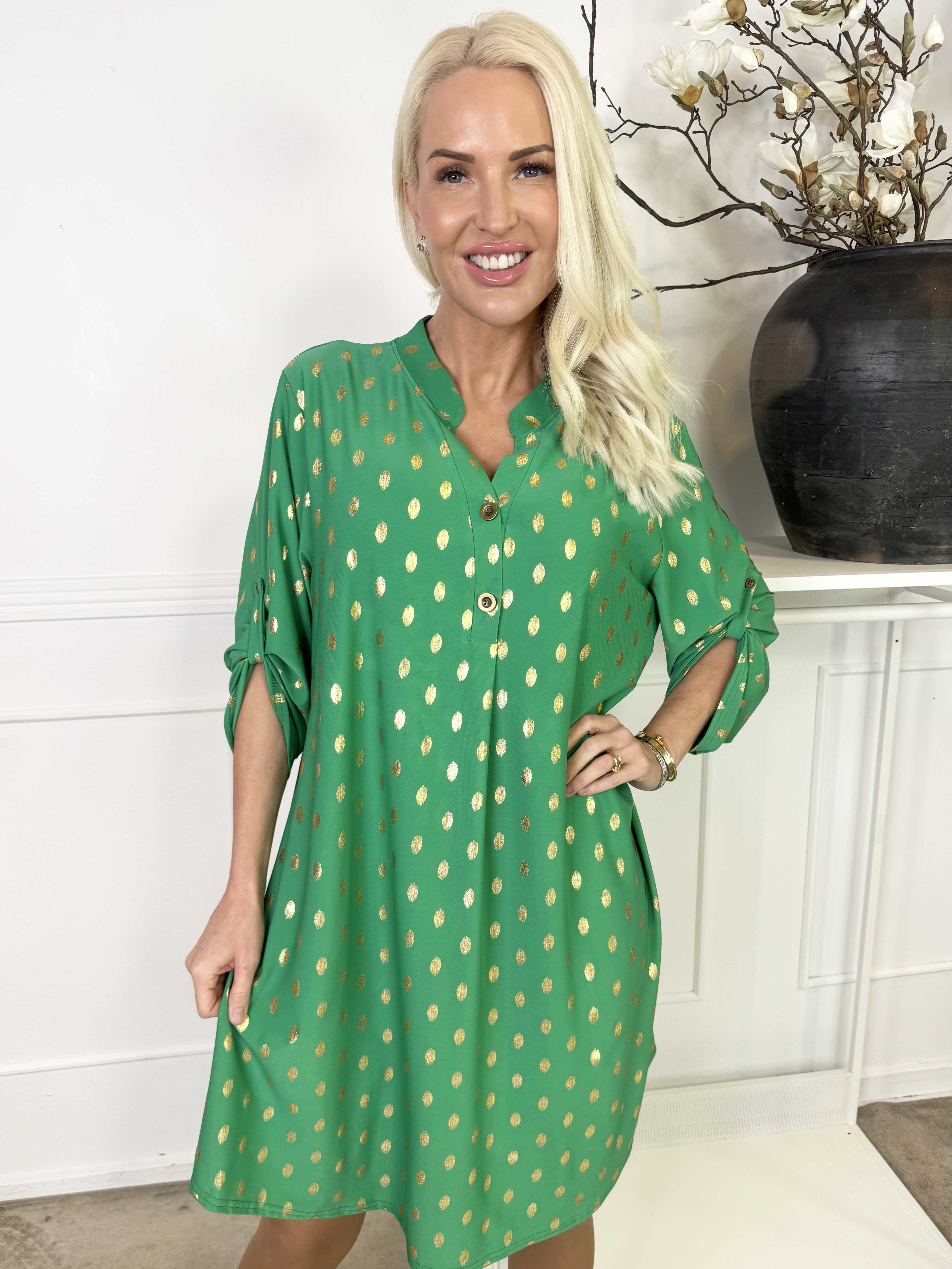 Ebba Gold Long - Elastisk klänning med guldprickar