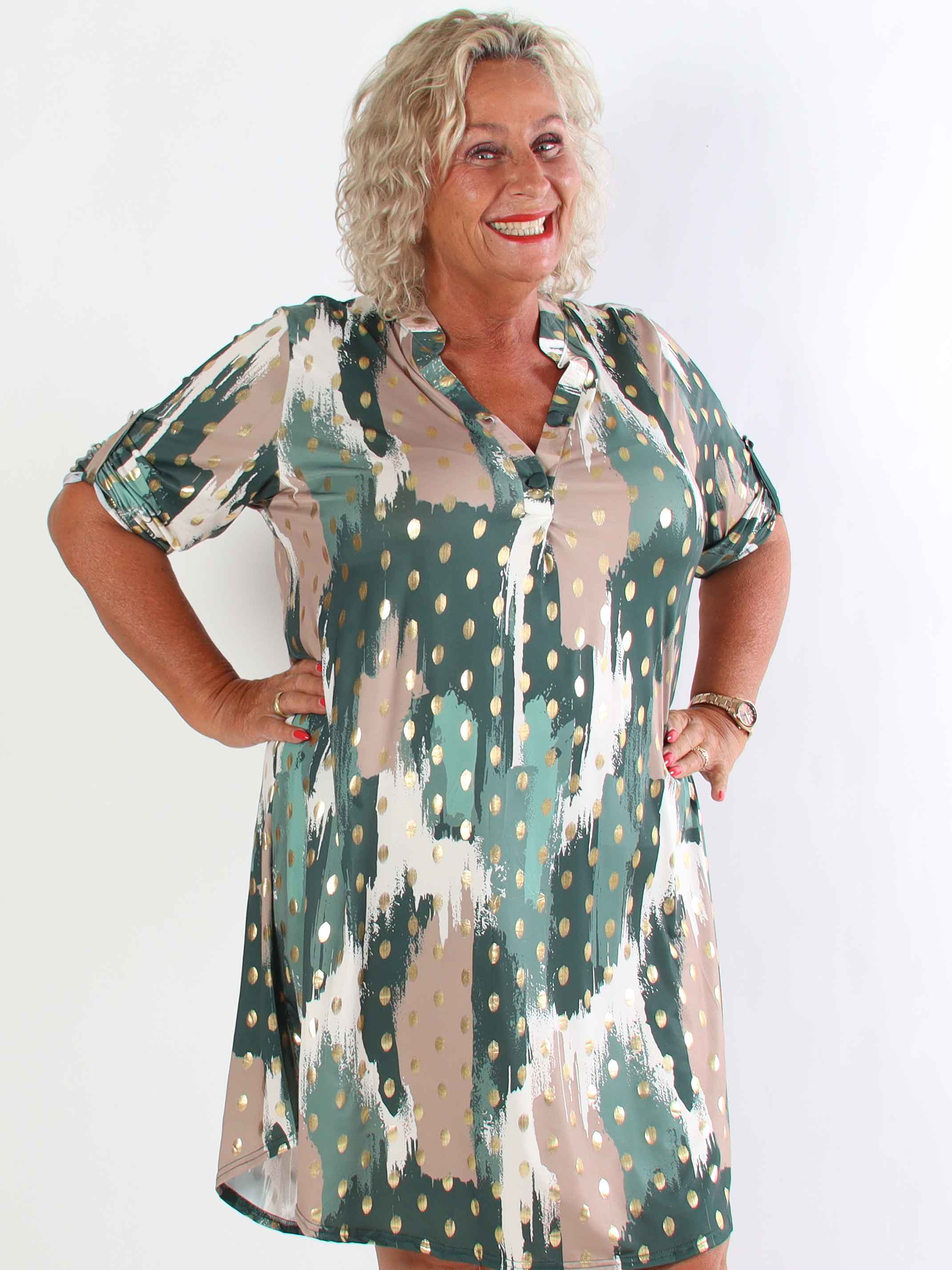 Ebba Paint Long - Elastisk flerfärgad plus size klänning med guldprickar