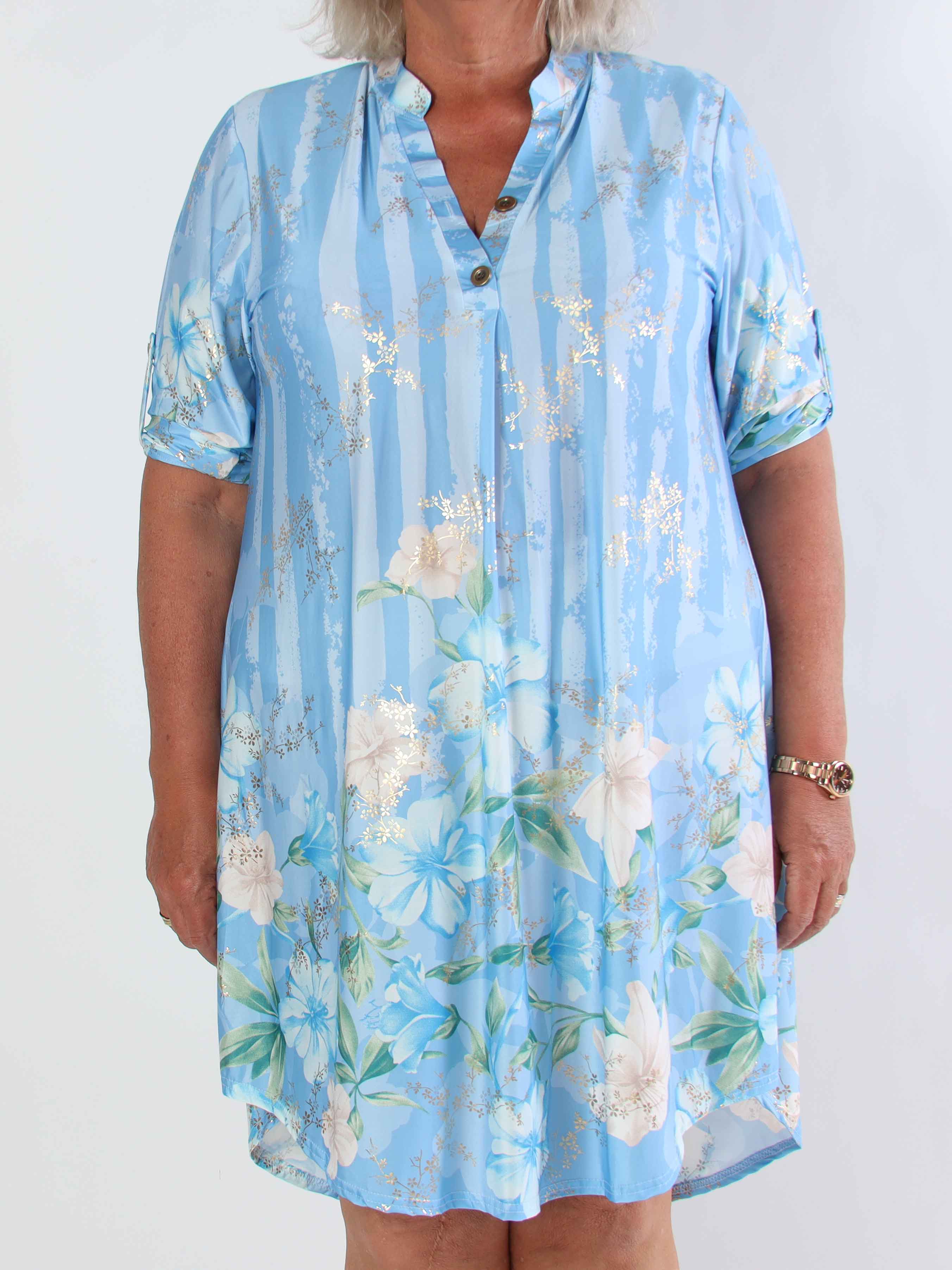 Ebba Floral Stripe Long - Elastisk plus size klänning med gulddetaljer