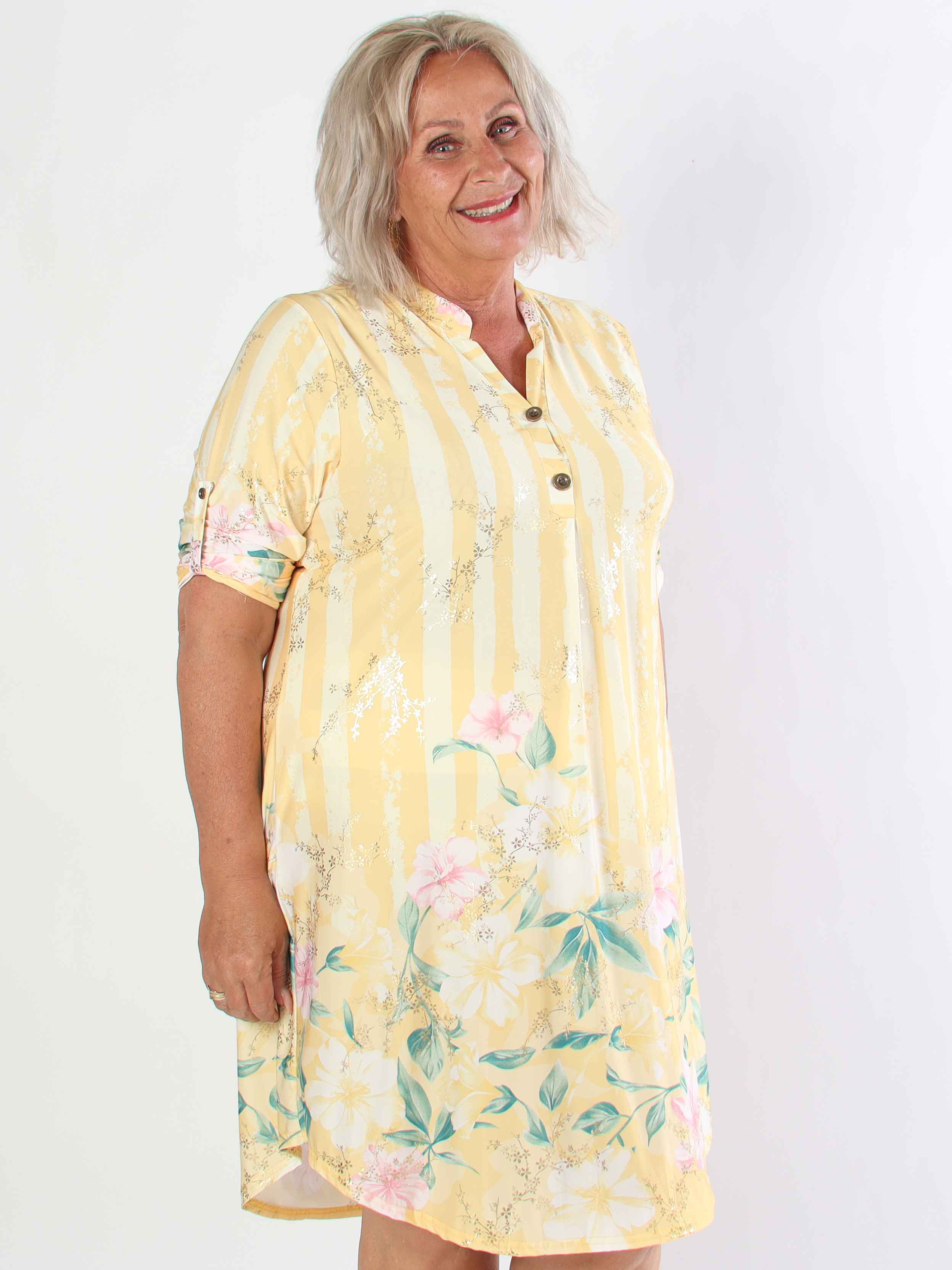 Ebba Floral Stripe Long - Elastisk plus size klänning med gulddetaljer