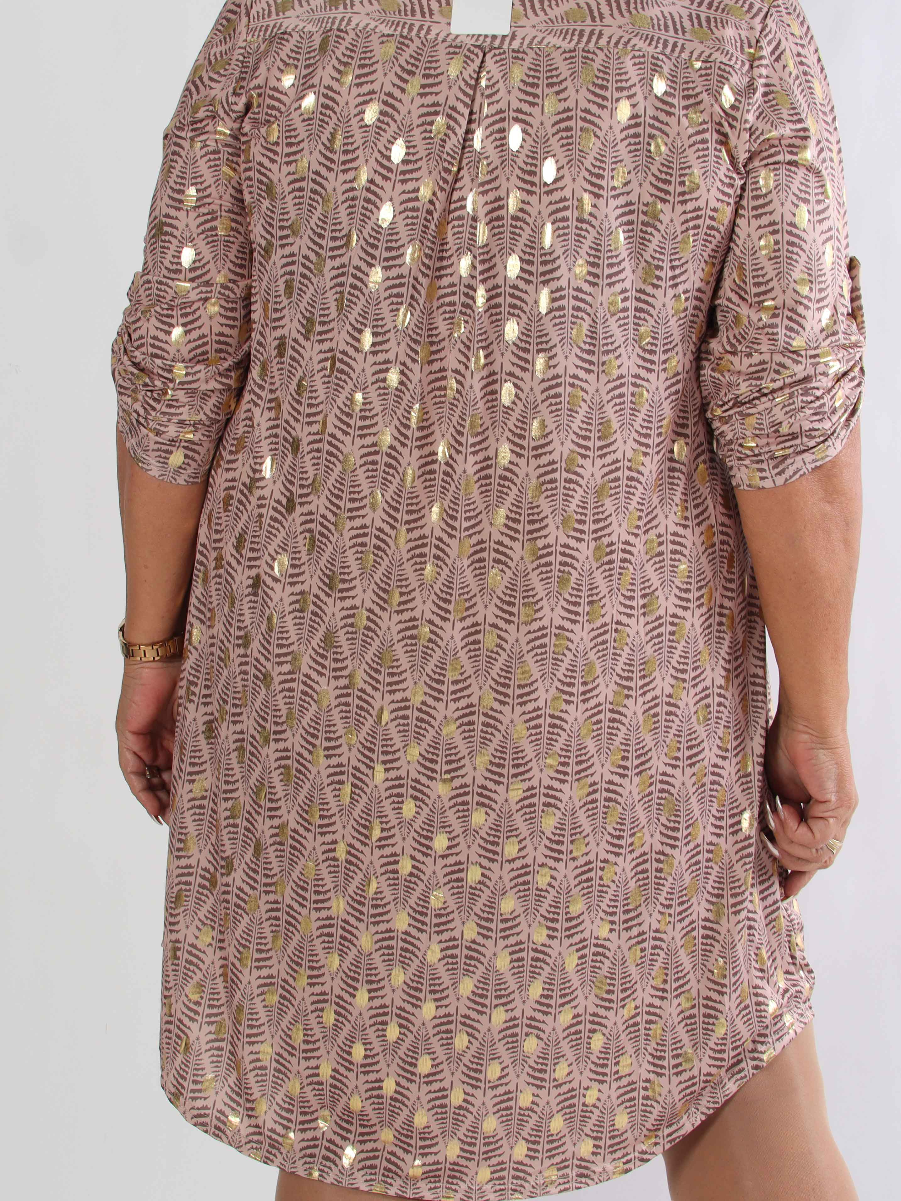 Ebba Forest Gold Long - Plus size klänning med fint bladmönster och guldprickar