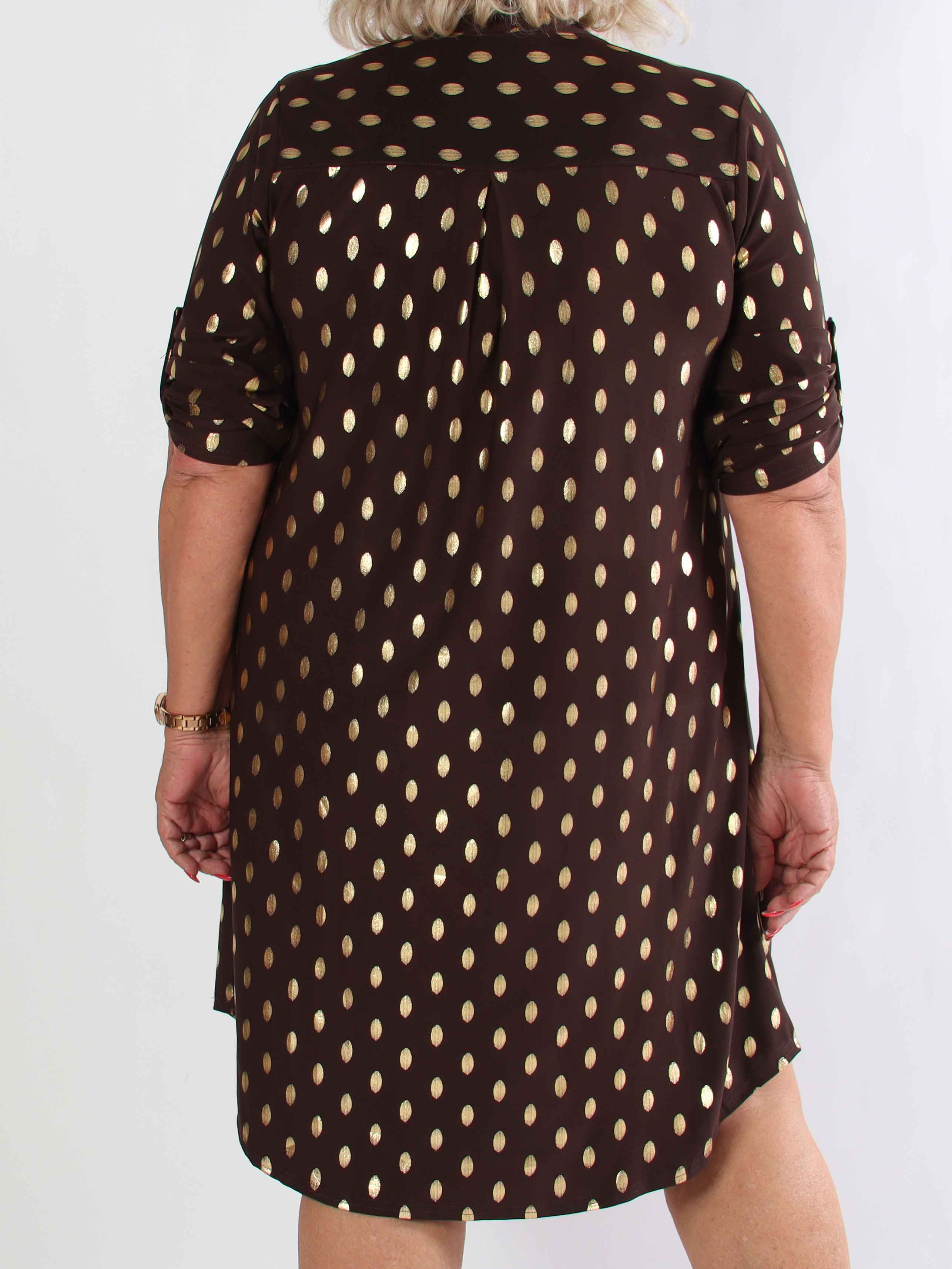 Ebba Gold Long - Elastisk plus size-klänning med guldprickar