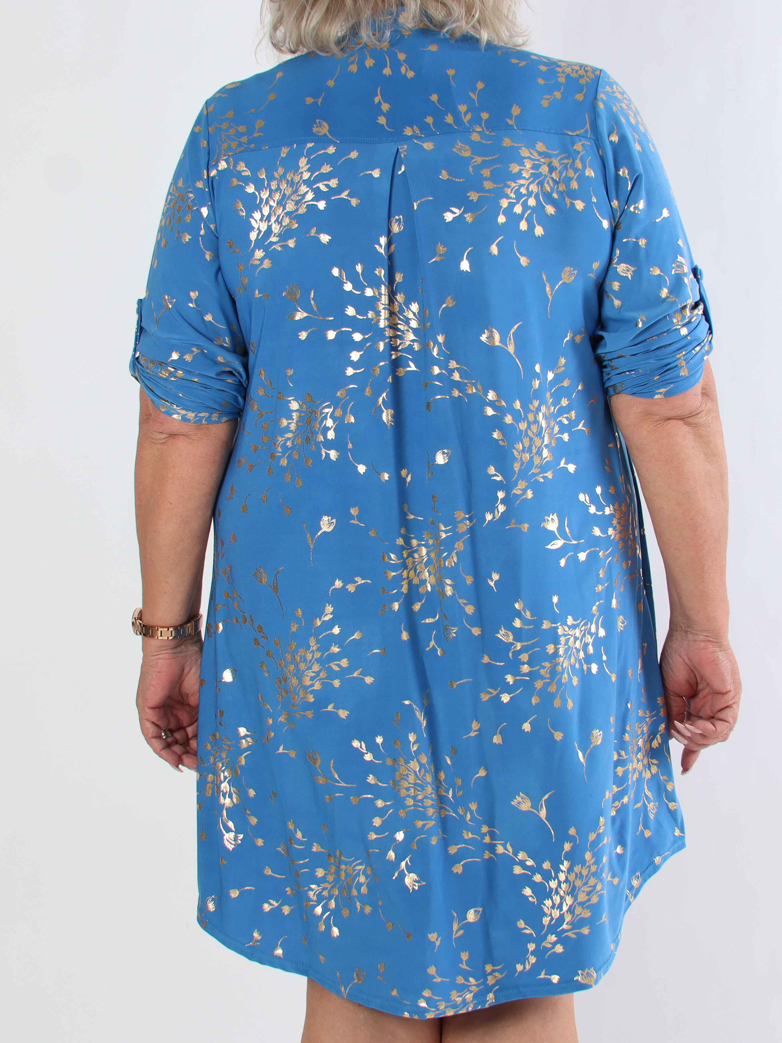 Ebba Gold Leaf Long - Elastisk enfärgad plus size klänning med guld blommigt mönster