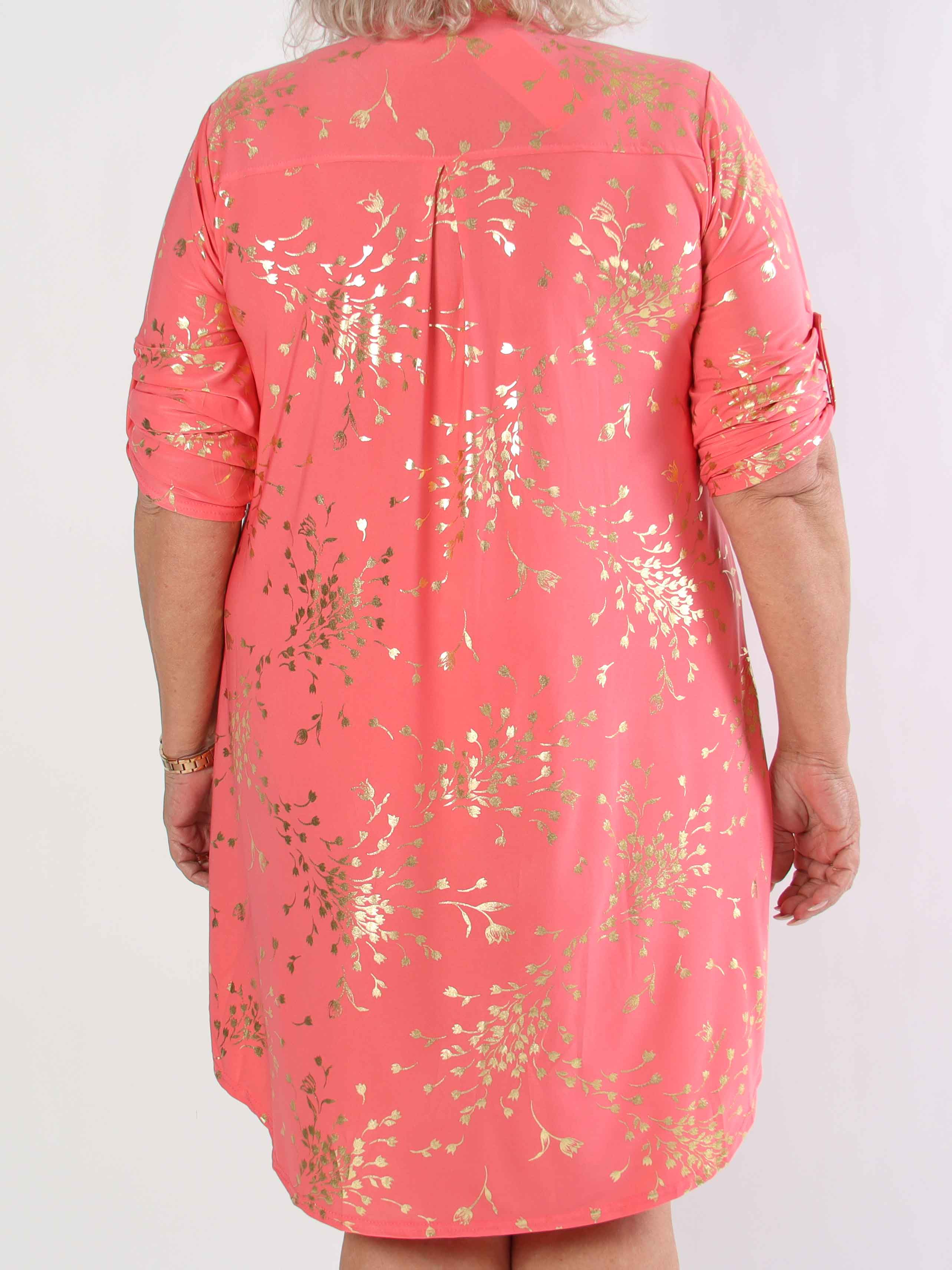 Ebba Gold Leaf Long - Elastisk enfärgad plus size klänning med guld blommigt mönster