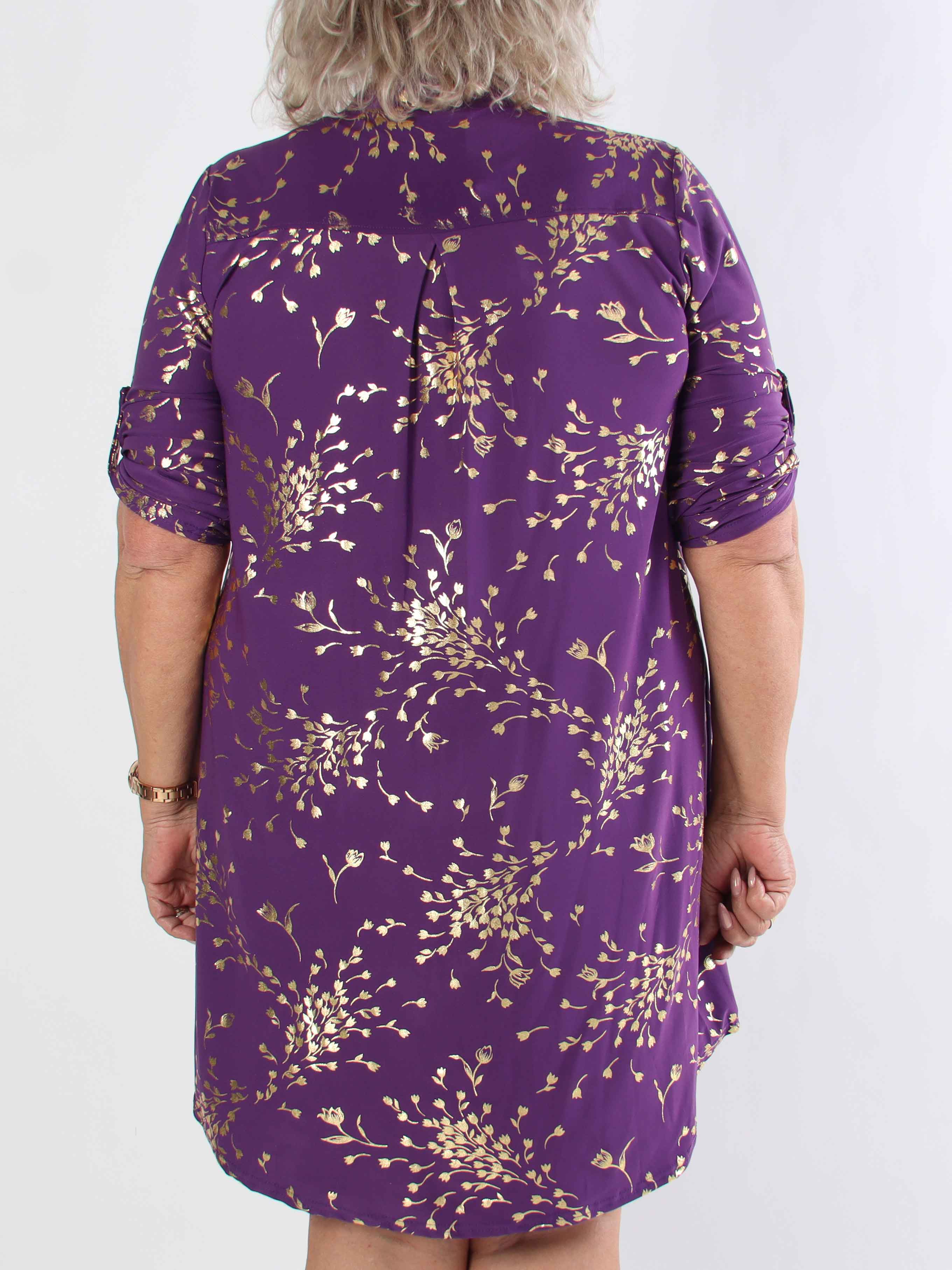 Ebba Gold Leaf Long - Elastisk enfärgad plus size klänning med guld blommigt mönster