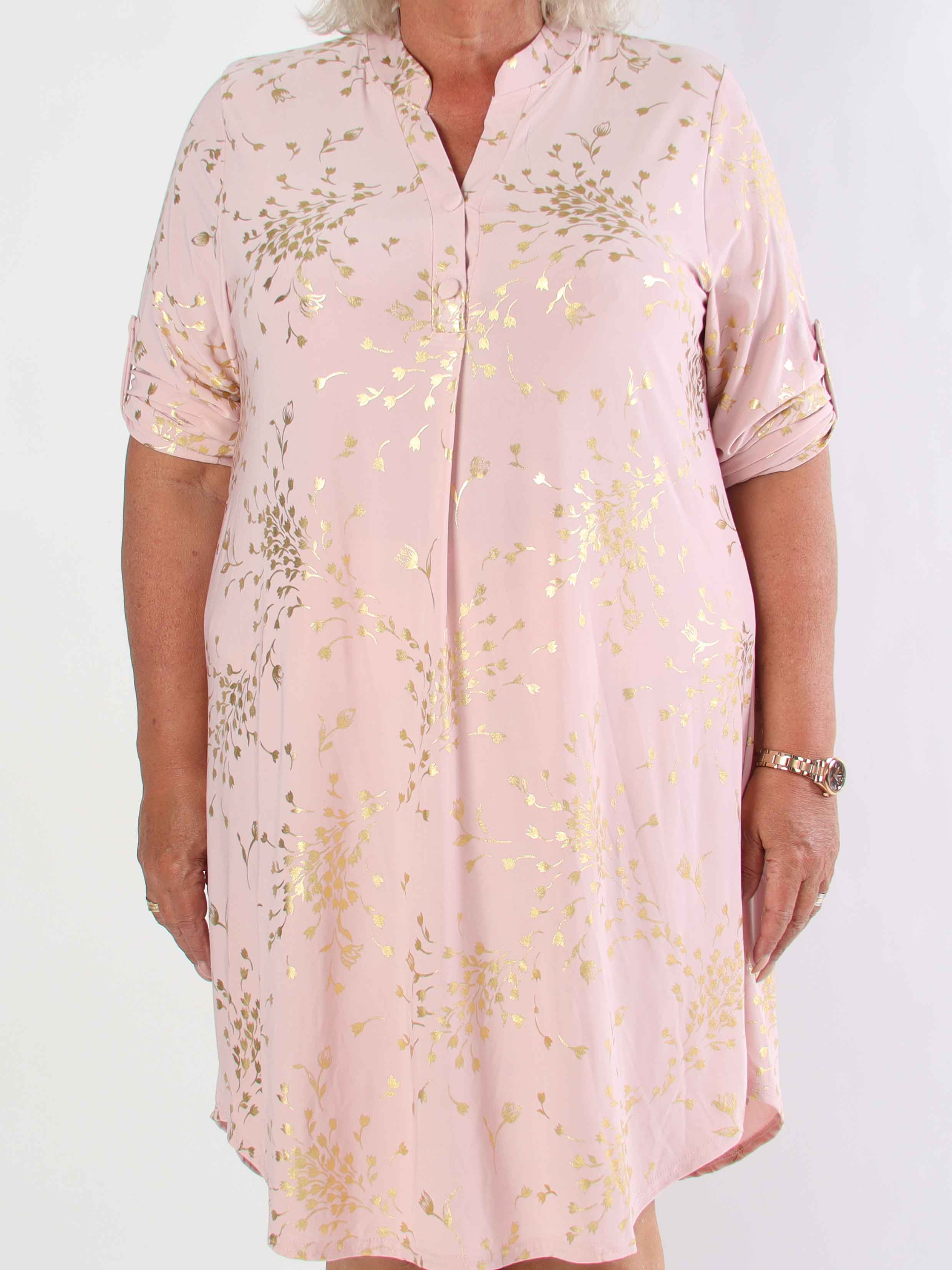 Ebba Gold Leaf Long - Elastisk enfärgad plus size klänning med guld blommigt mönster