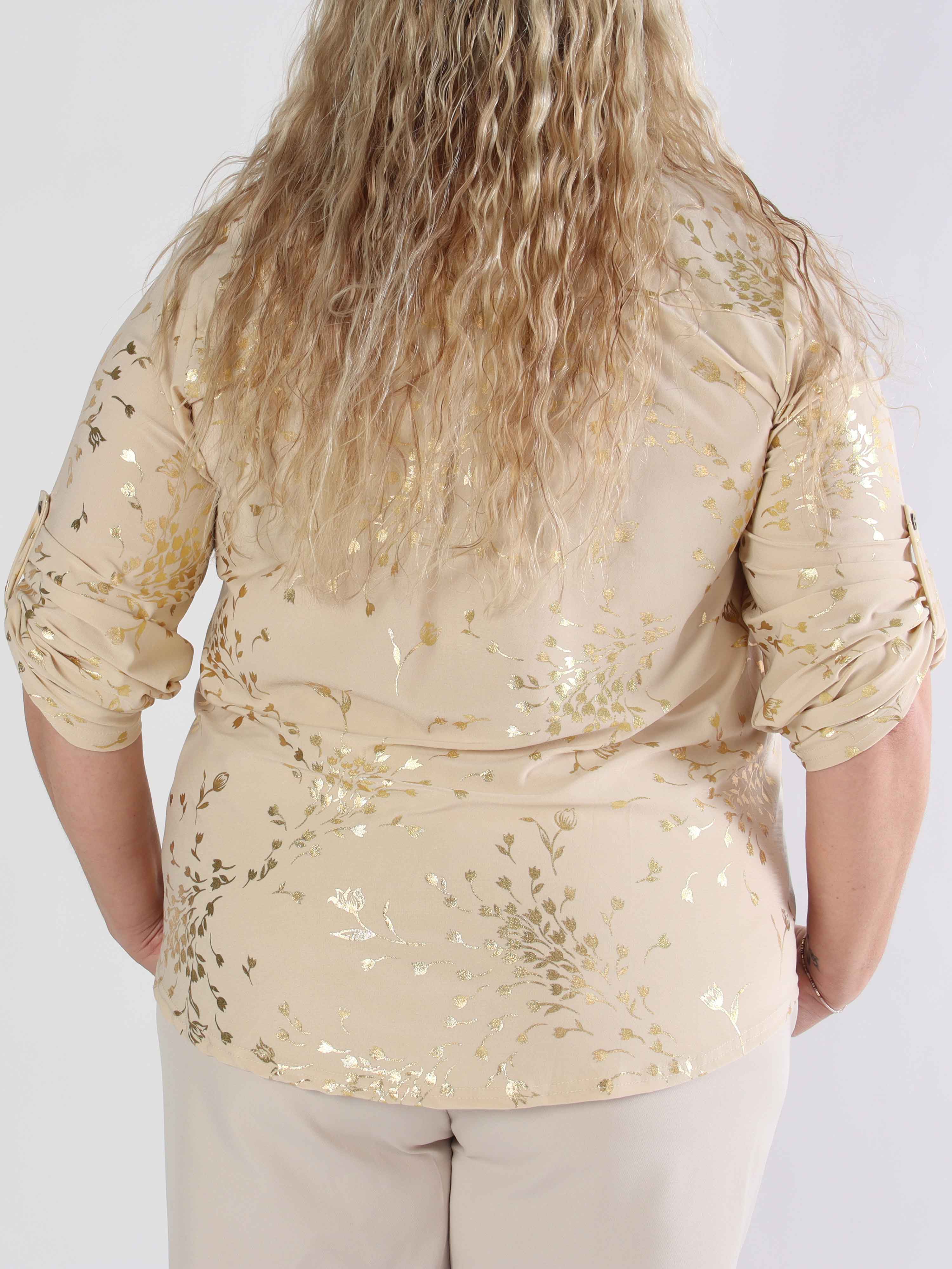 Ebba Gold Leaf Shirt - Elastisk plus size blus mönstrad med bladguld