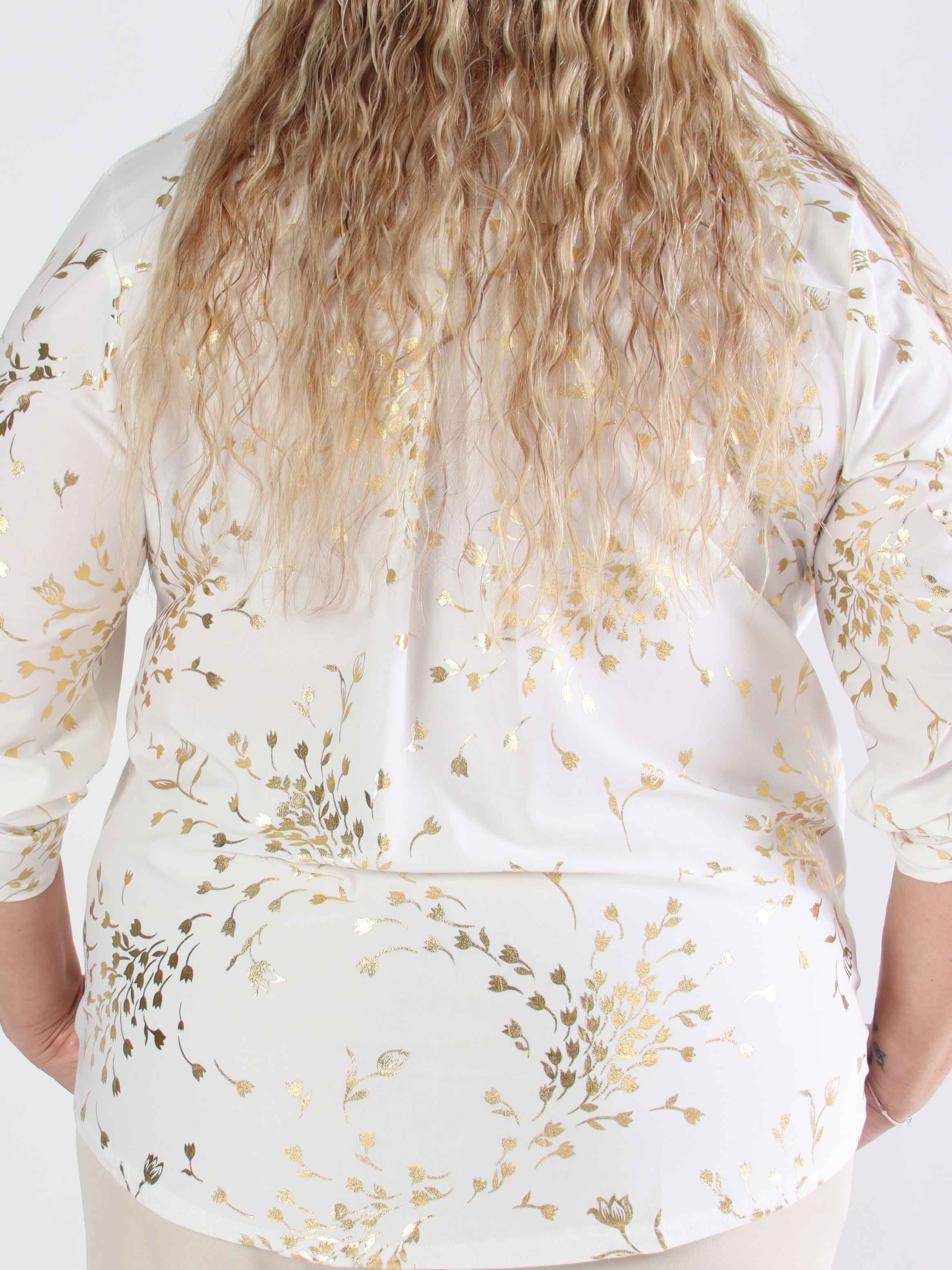 Ebba Gold Leaf Shirt - Elastisk plus size blus mönstrad med bladguld