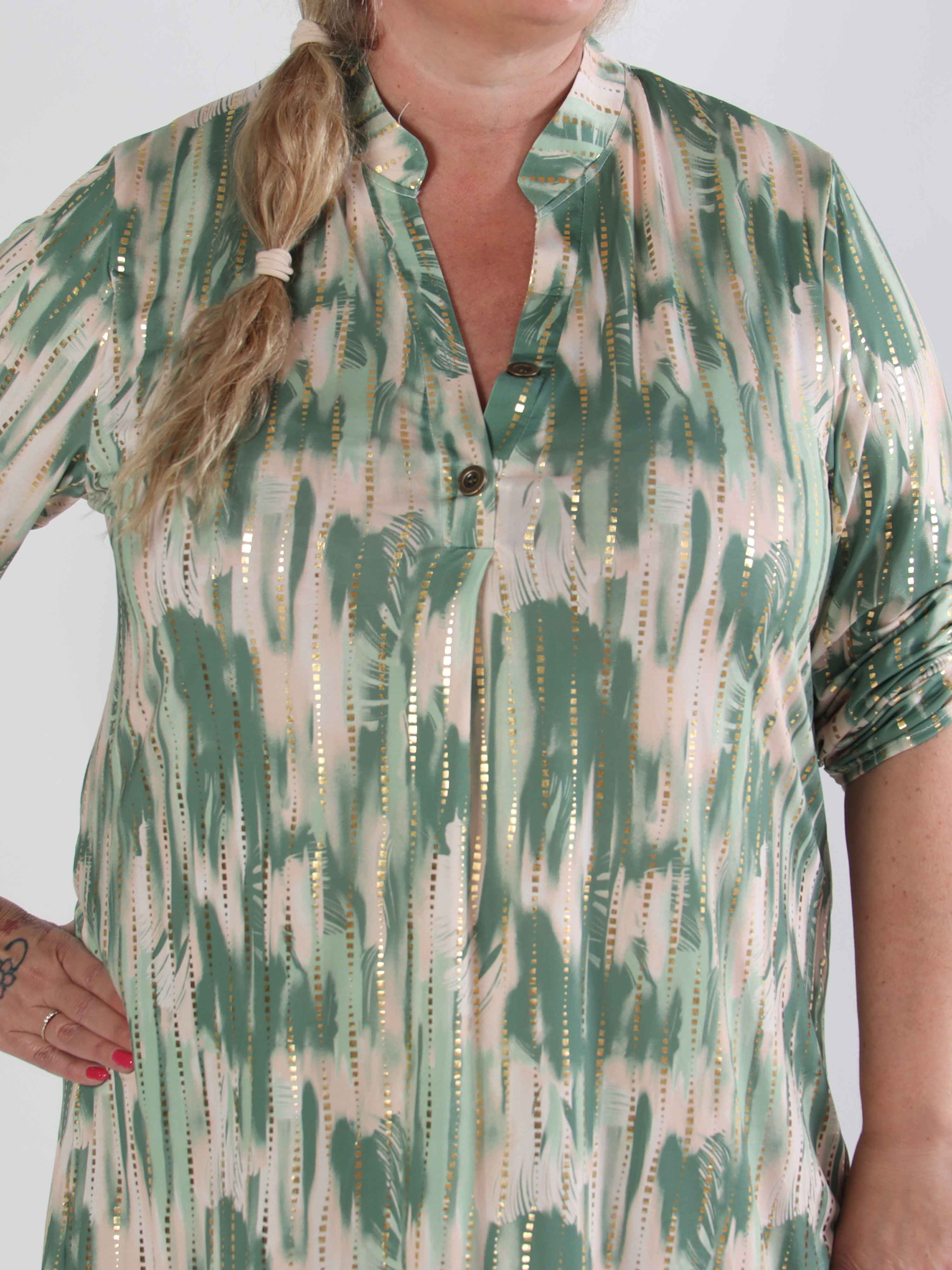 Ebba Pattern Long - Elastisk mönstrad plus size klänning med gulddetaljer