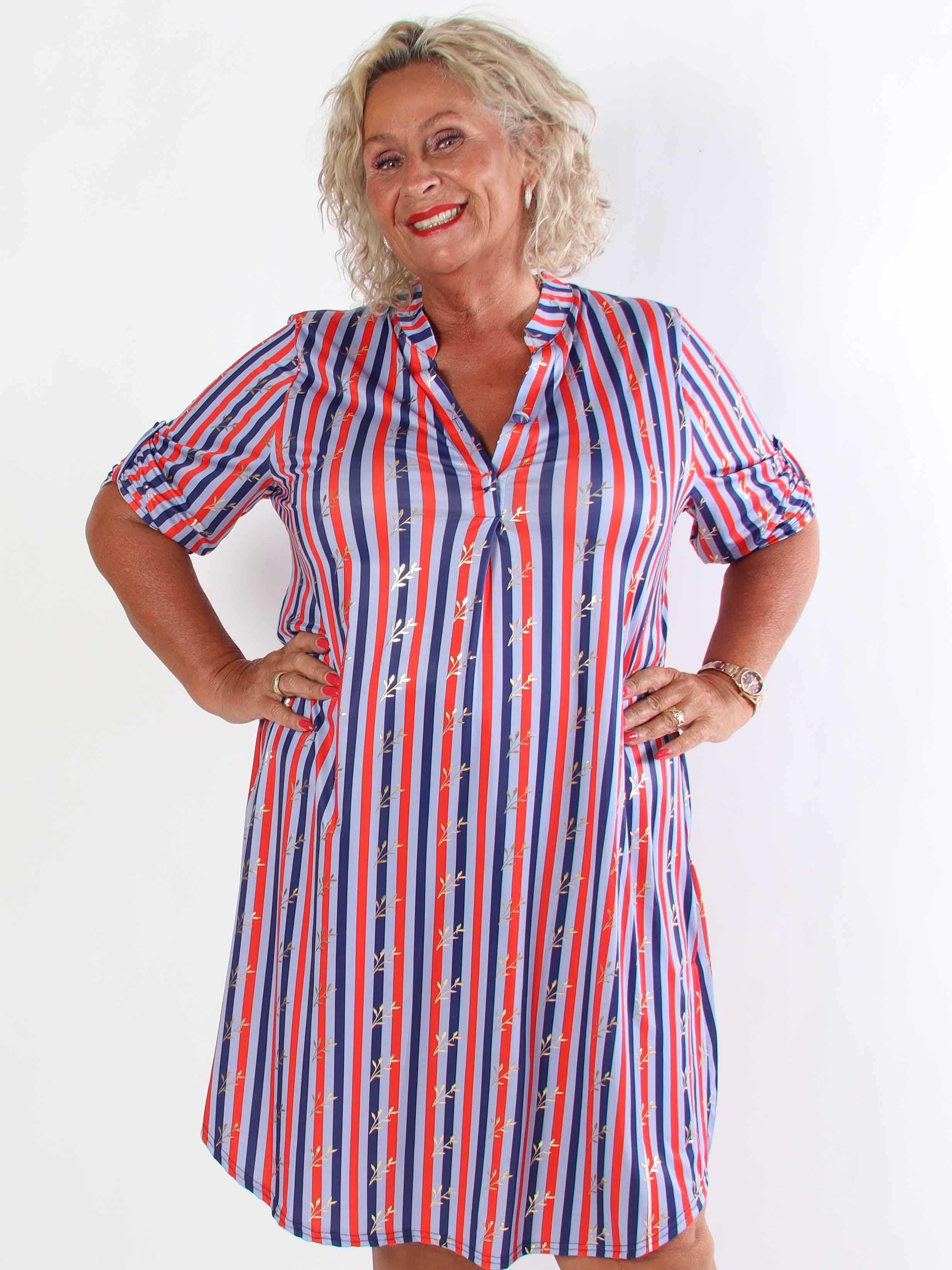 Ebba Stripe Long - Randig elastisk plus size klänning med guldfärgade blad