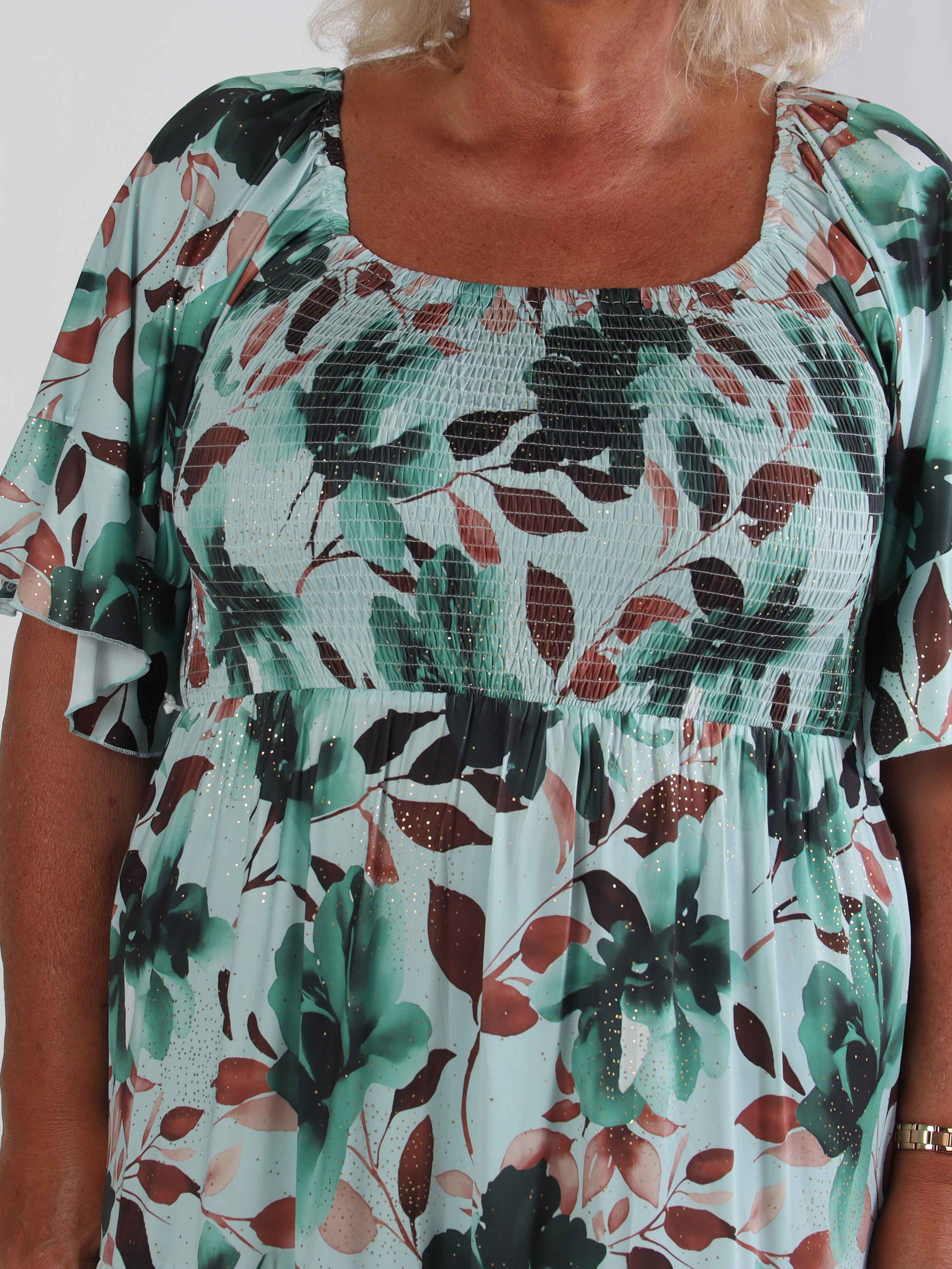 Elna Fiore - Blommig elastisk plus size klänning med smock över bysten