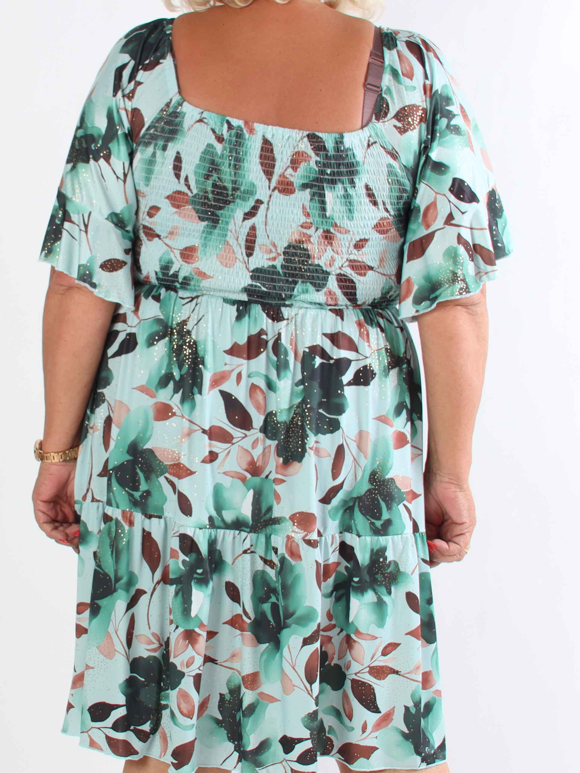 Elna Fiore Short - Blommig elastisk plus size klänning med smock över bysten