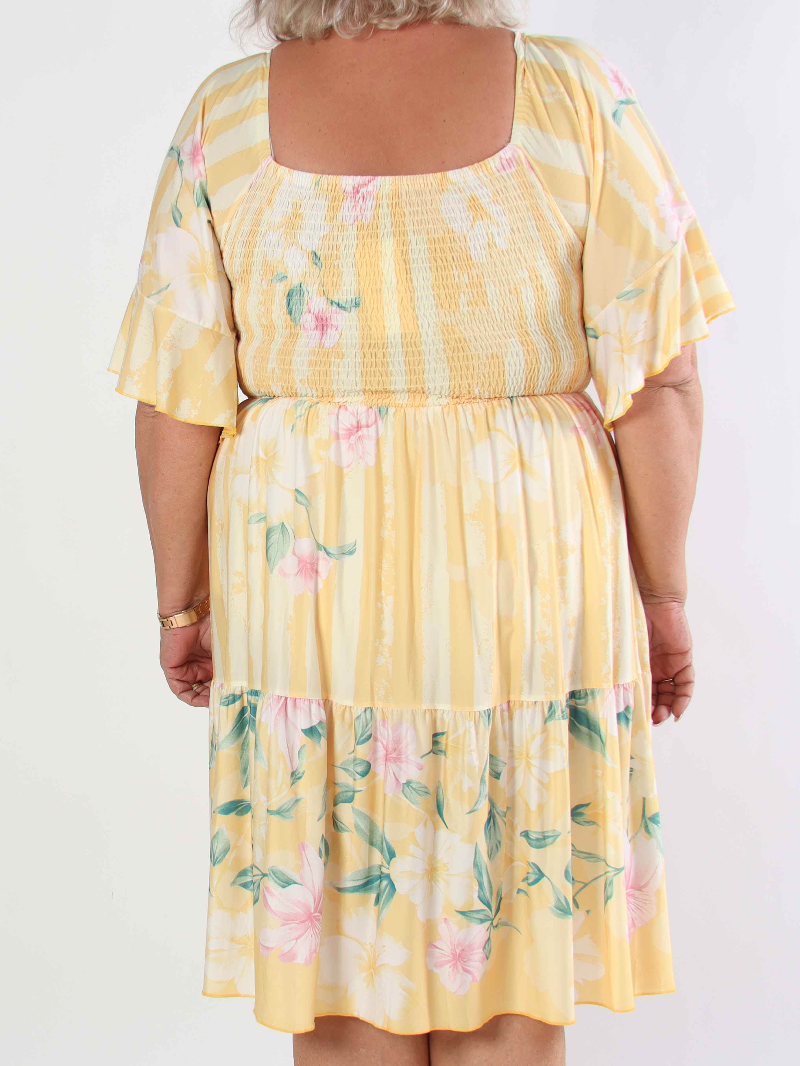 Elna Floral Stripe Short - Elastisk plus size klänning med smockat bröst