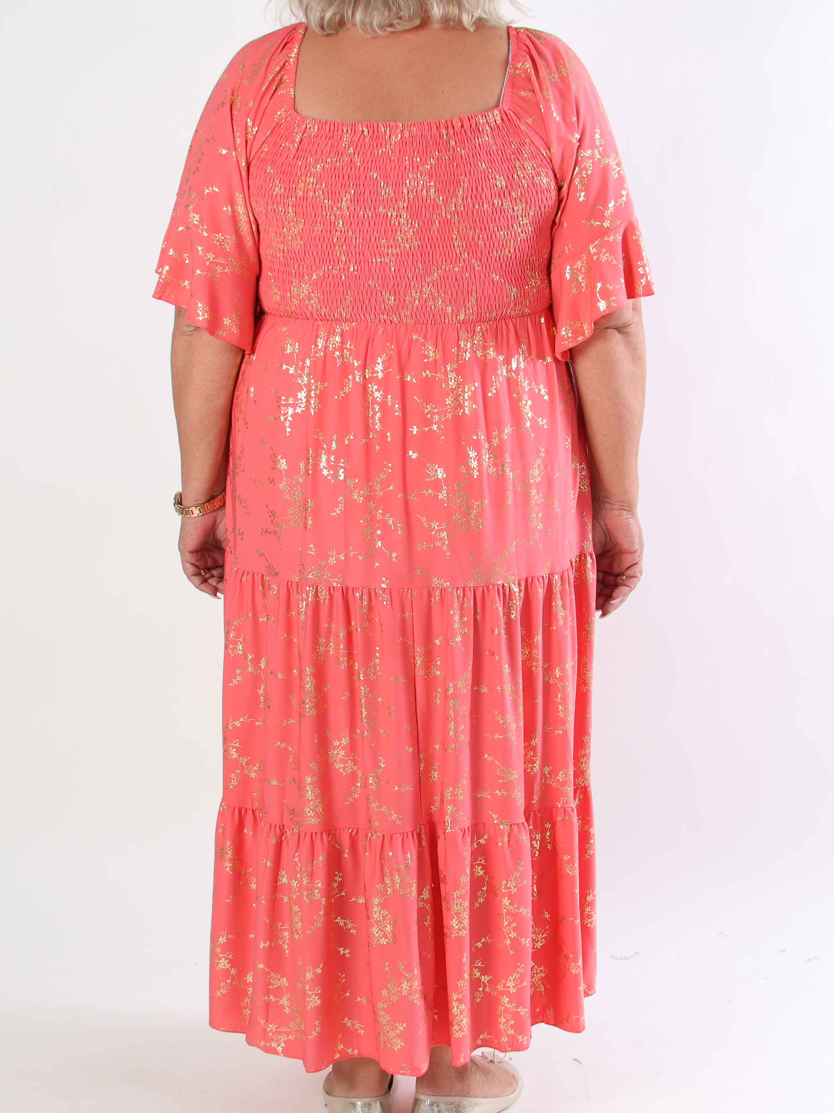 Elna Gold - Enfärgad plus size klänning med resår och guldmönster