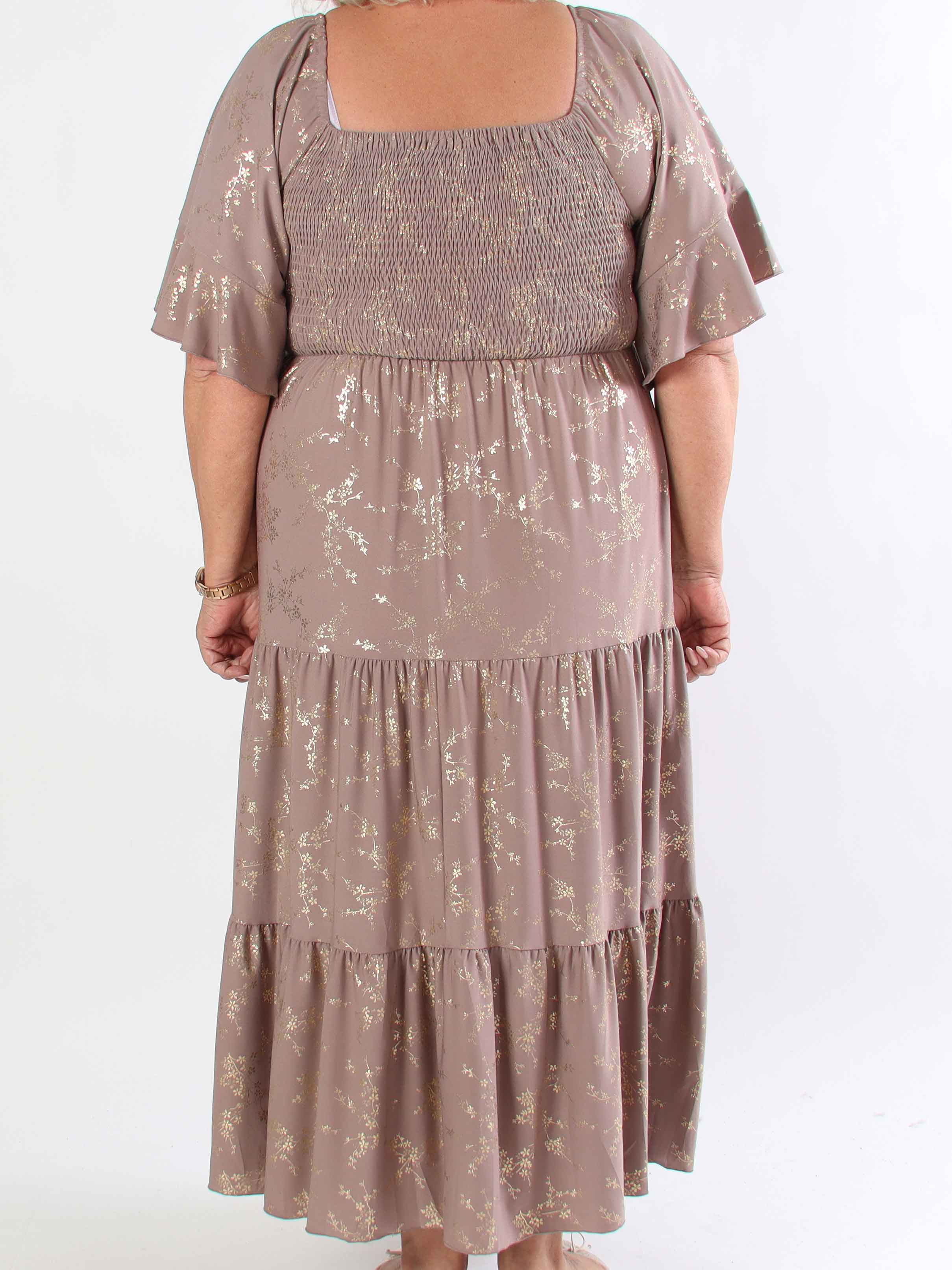 Elna Gold - Enfärgad plus size klänning med resår och guldmönster