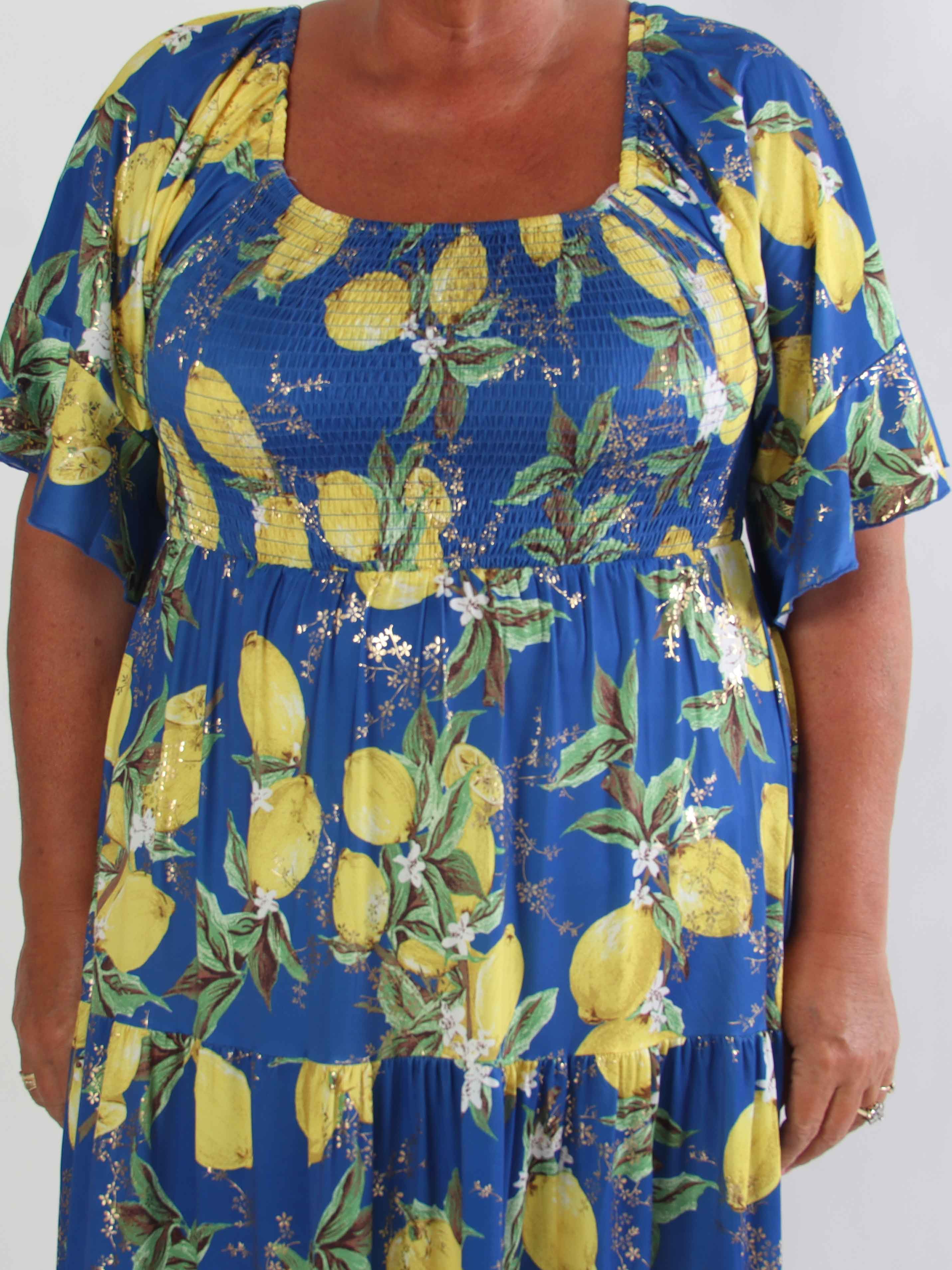 Elna Lemon - Lang elastisk plus size kjole med citroner og smock over brystet