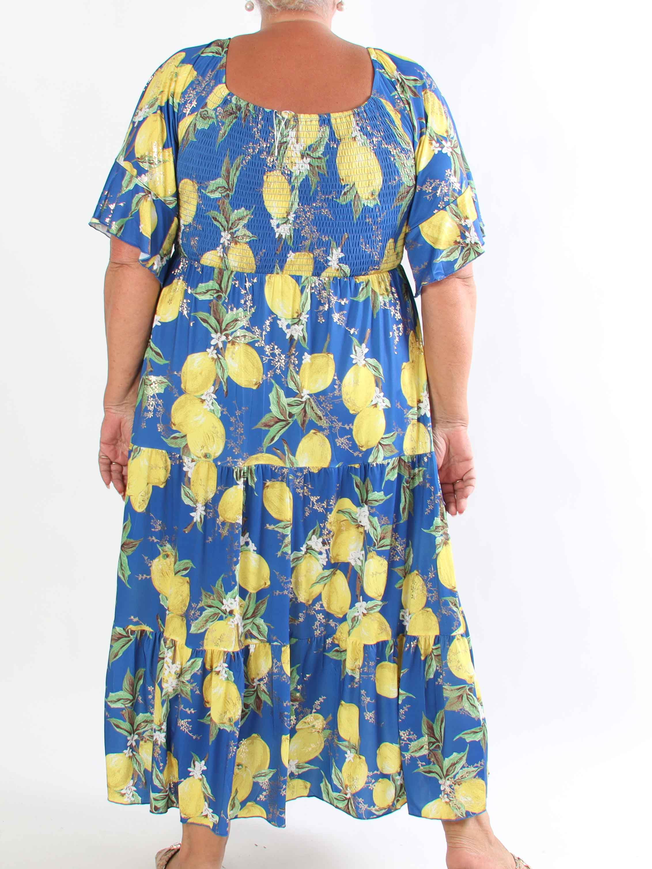 Elna Lemon - Lang elastisk plus size kjole med citroner og smock over brystet
