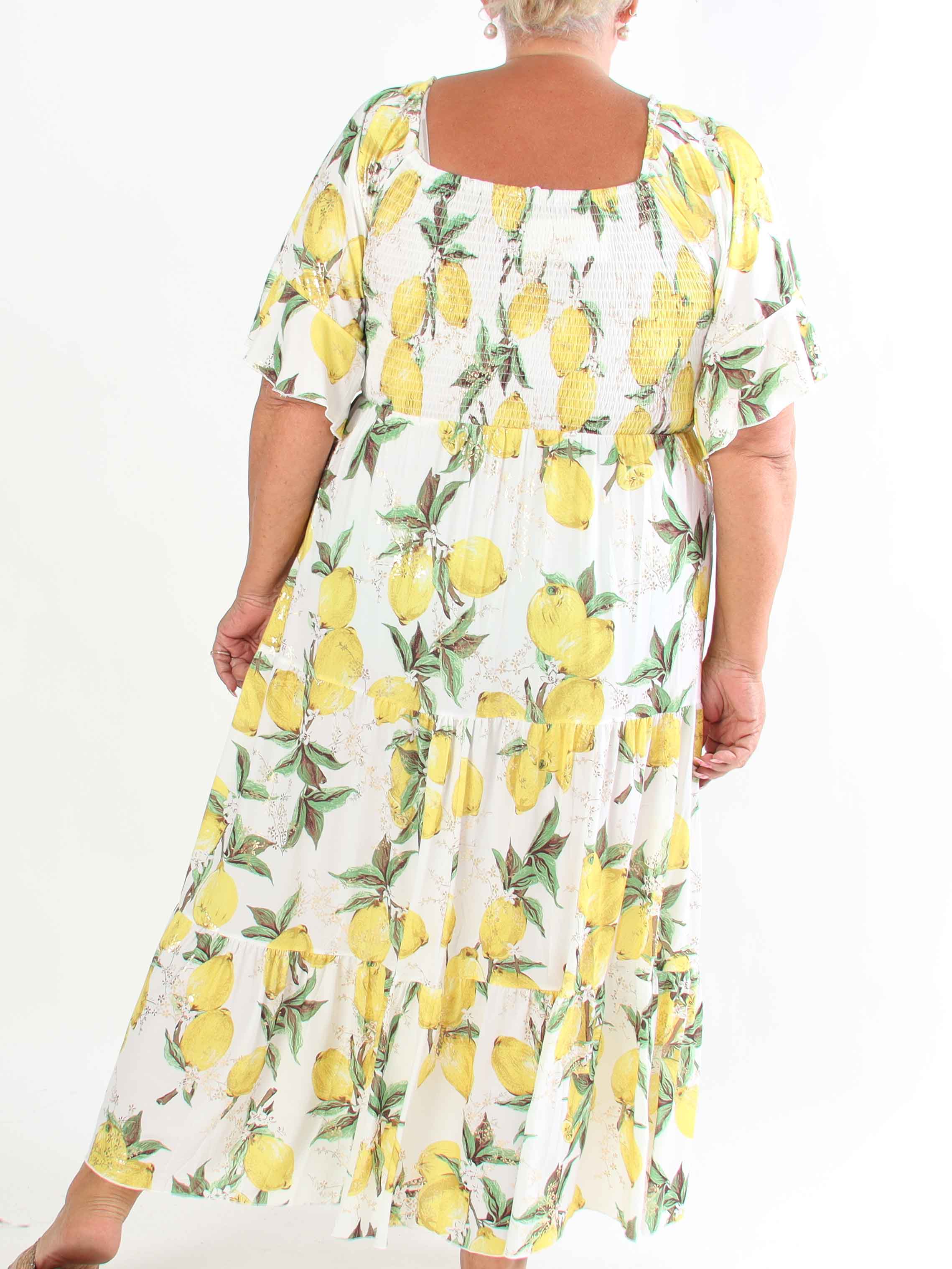 Elna Lemon - Lang elastisk plus size kjole med citroner og smock over brystet