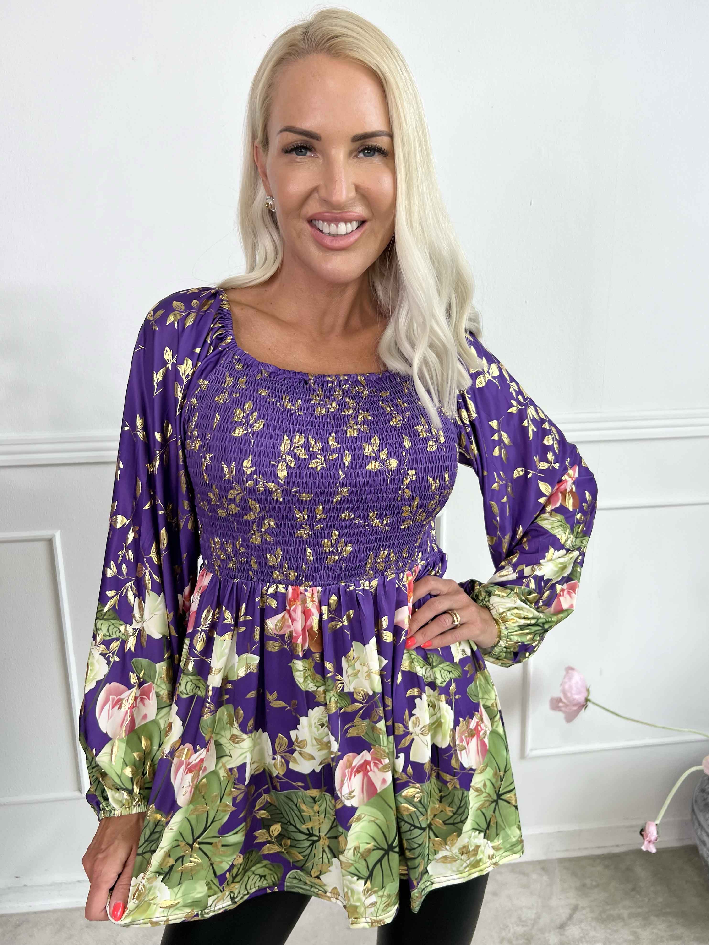 Elna Water Lily Shirt L/S - Elastisk blus med blommigt mönster och smock över bysten
