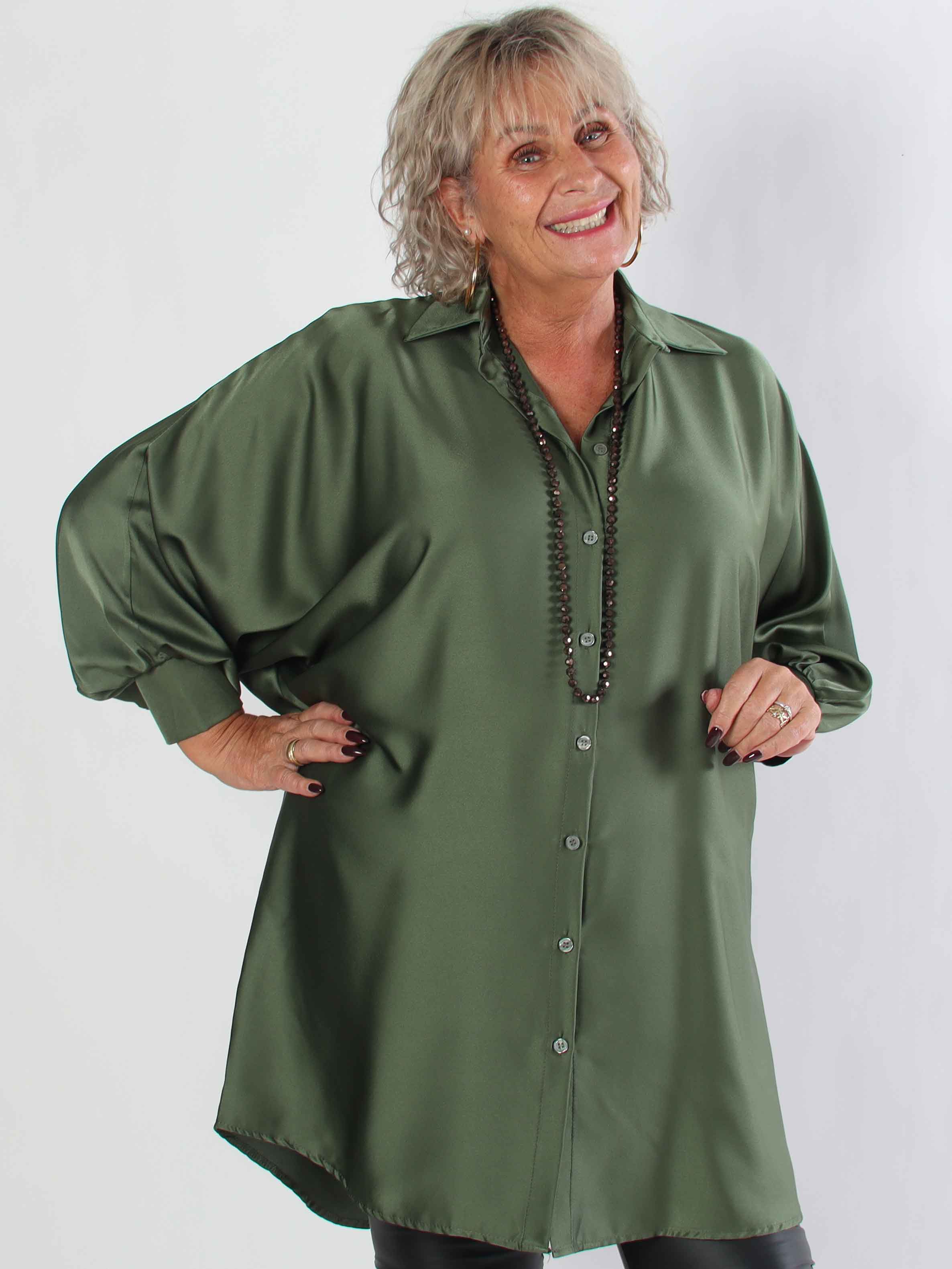 Feliciti long - Shiny plus size skjortklänning med fladdermusärmar
