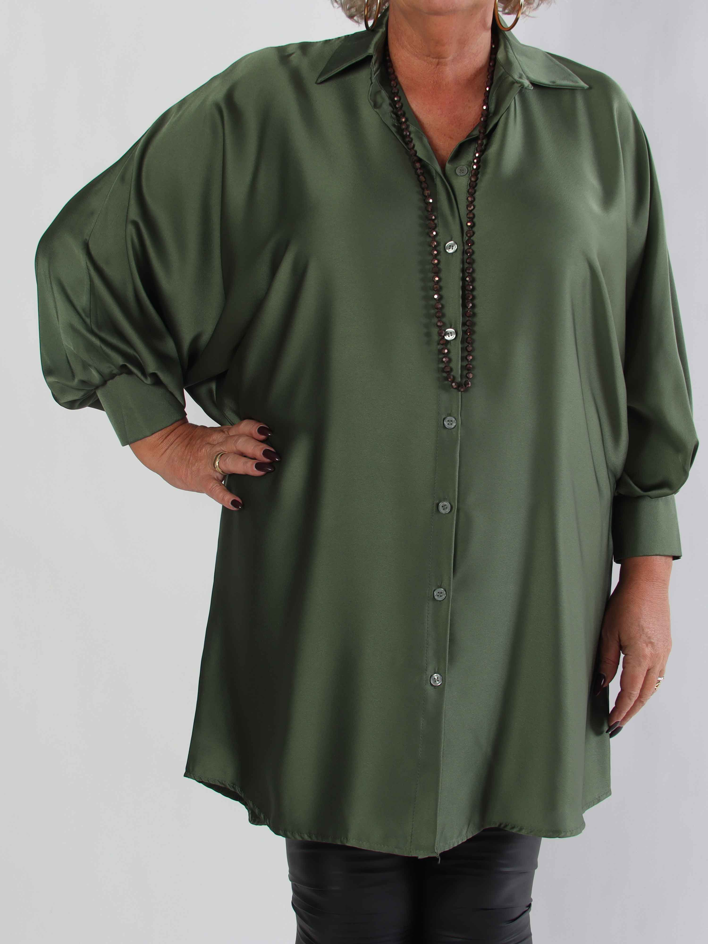 Feliciti long - Shiny plus size skjortklänning med fladdermusärmar