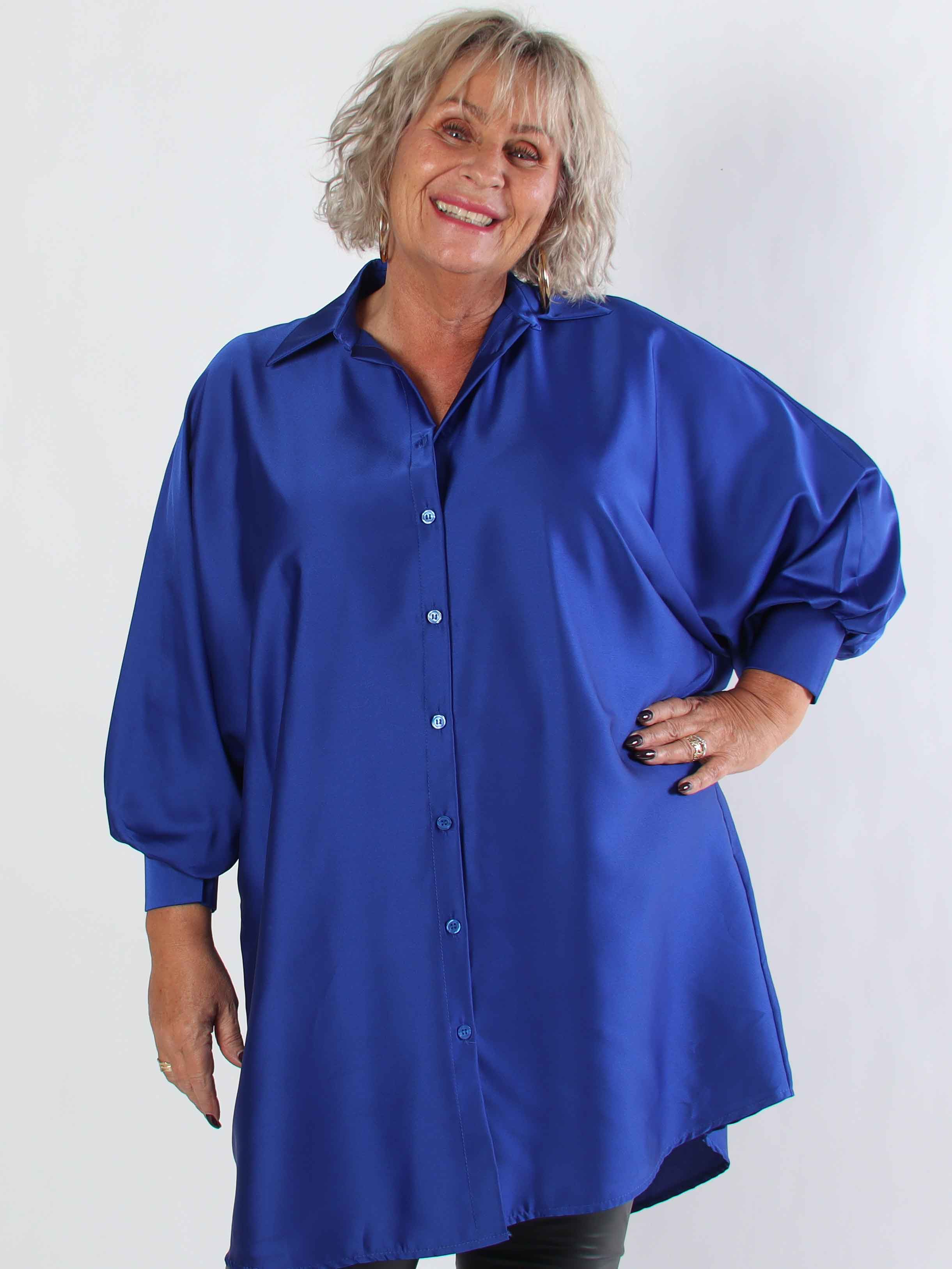 Feliciti long - Shiny plus size skjortklänning med fladdermusärmar