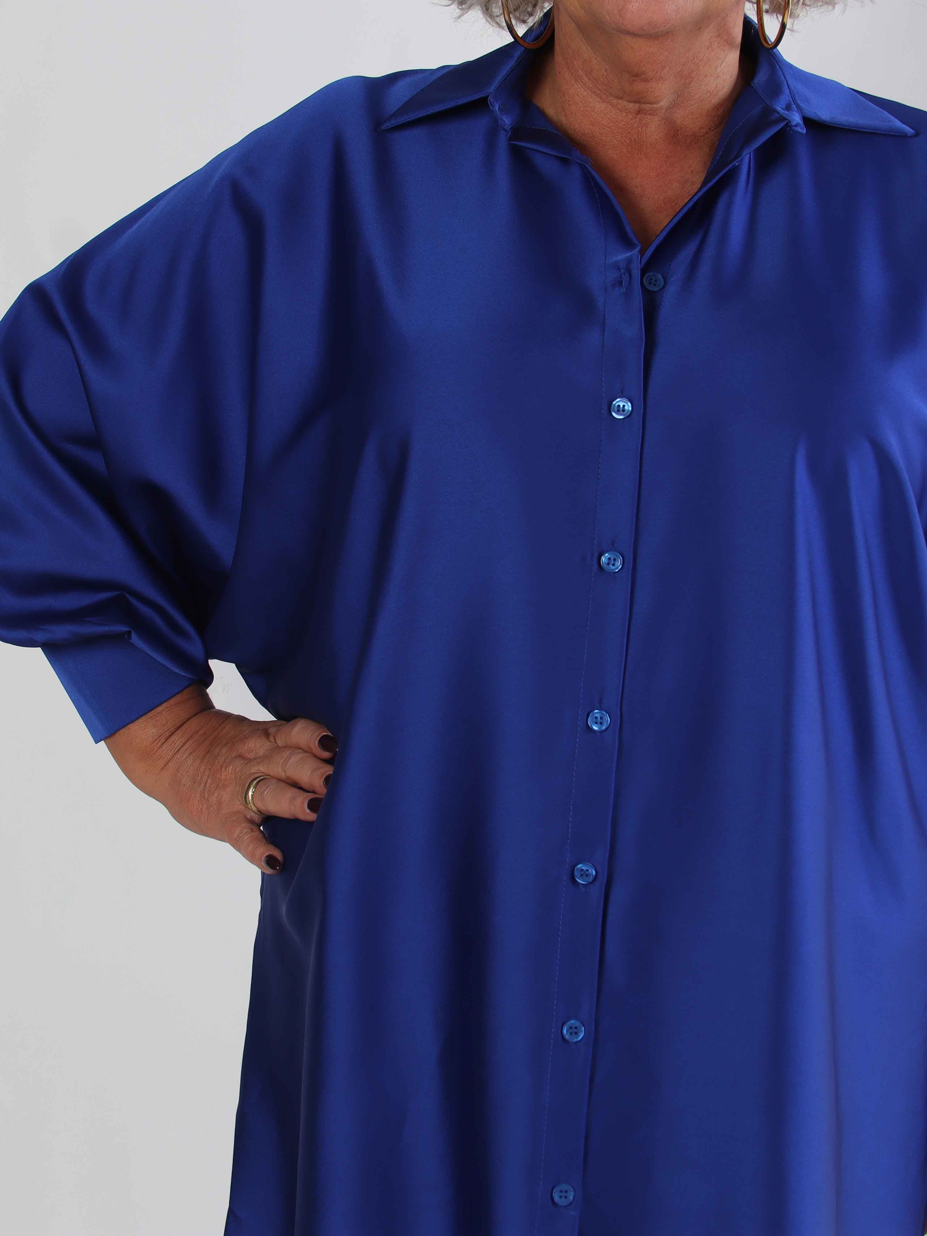 Feliciti long - Shiny plus size skjortklänning med fladdermusärmar