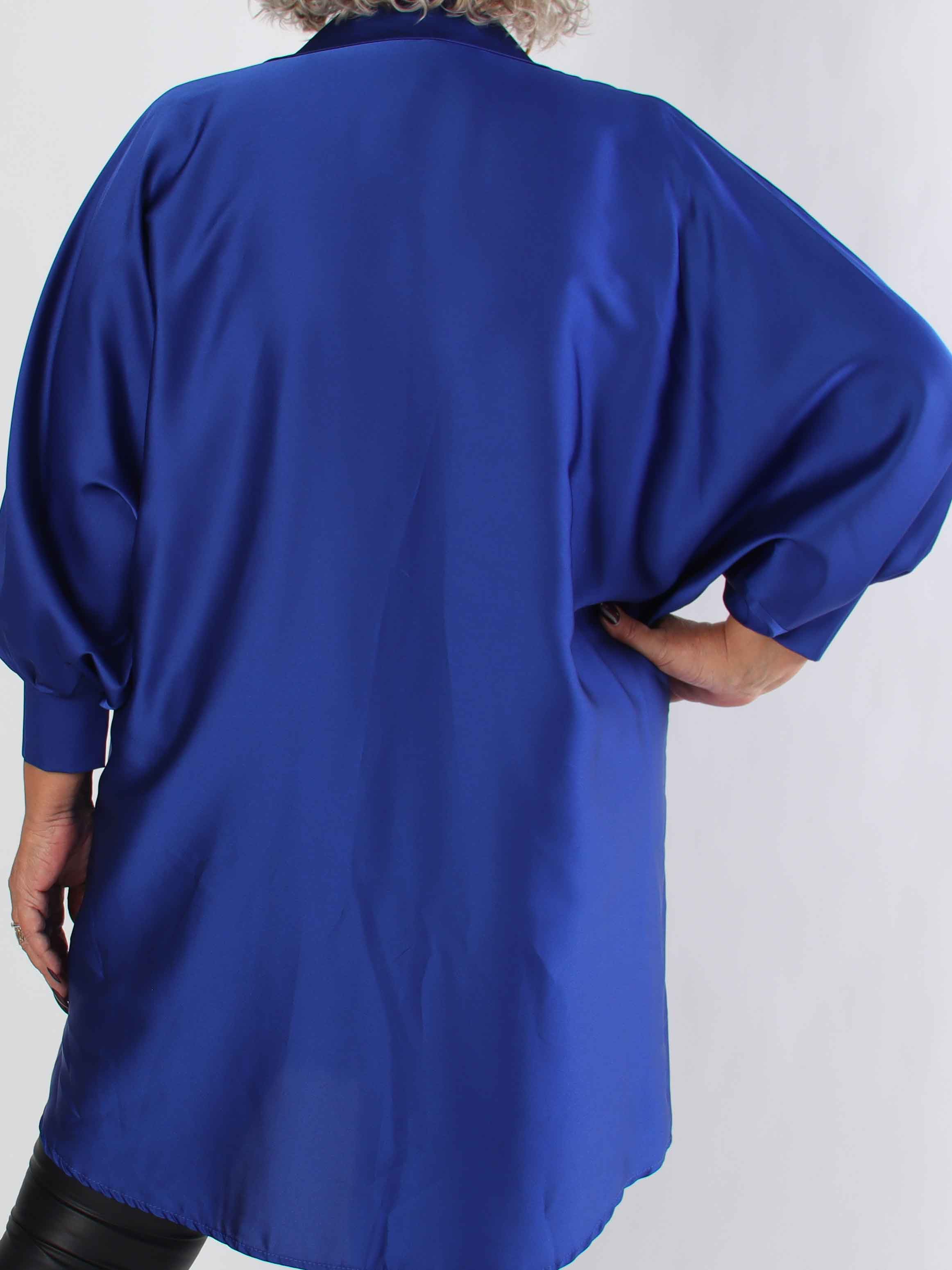 Feliciti long - Shiny plus size skjortklänning med fladdermusärmar