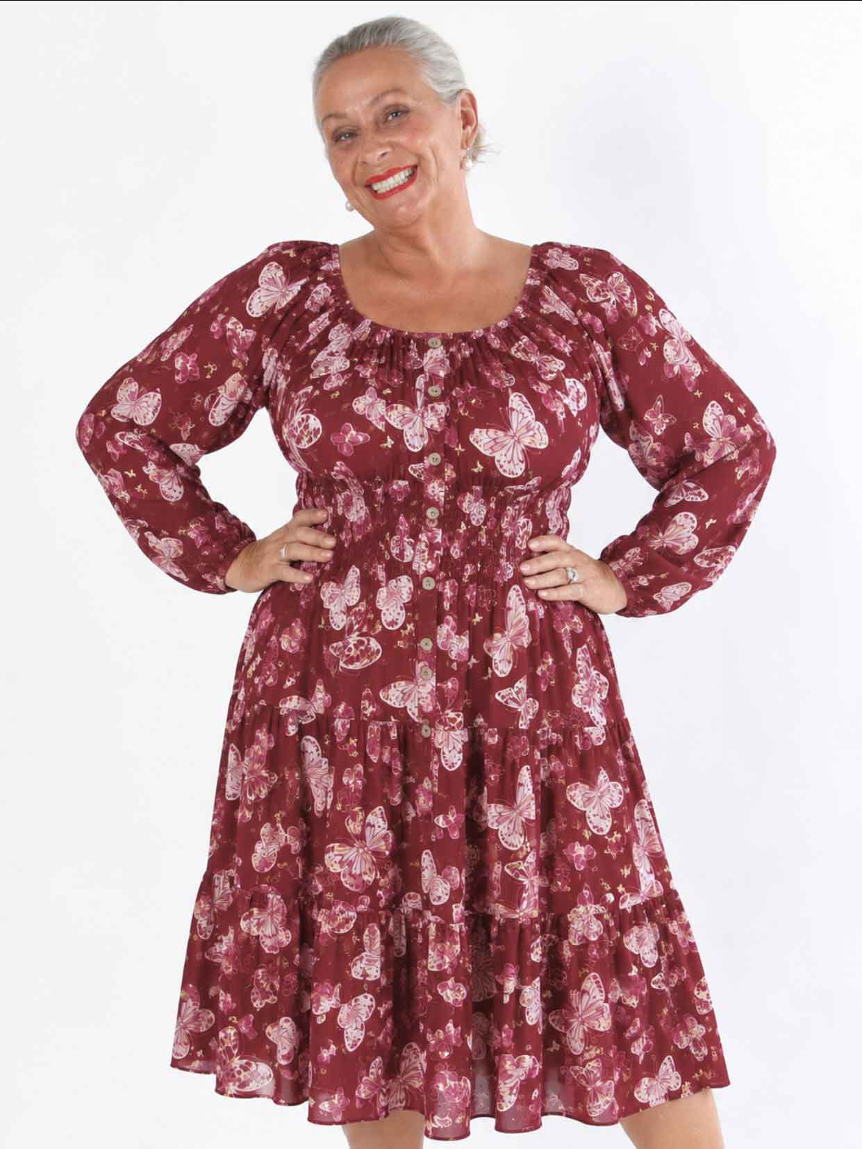 Tea Butterfly L/S - Plus Size klänning med resår i midjan och fjärilstryck