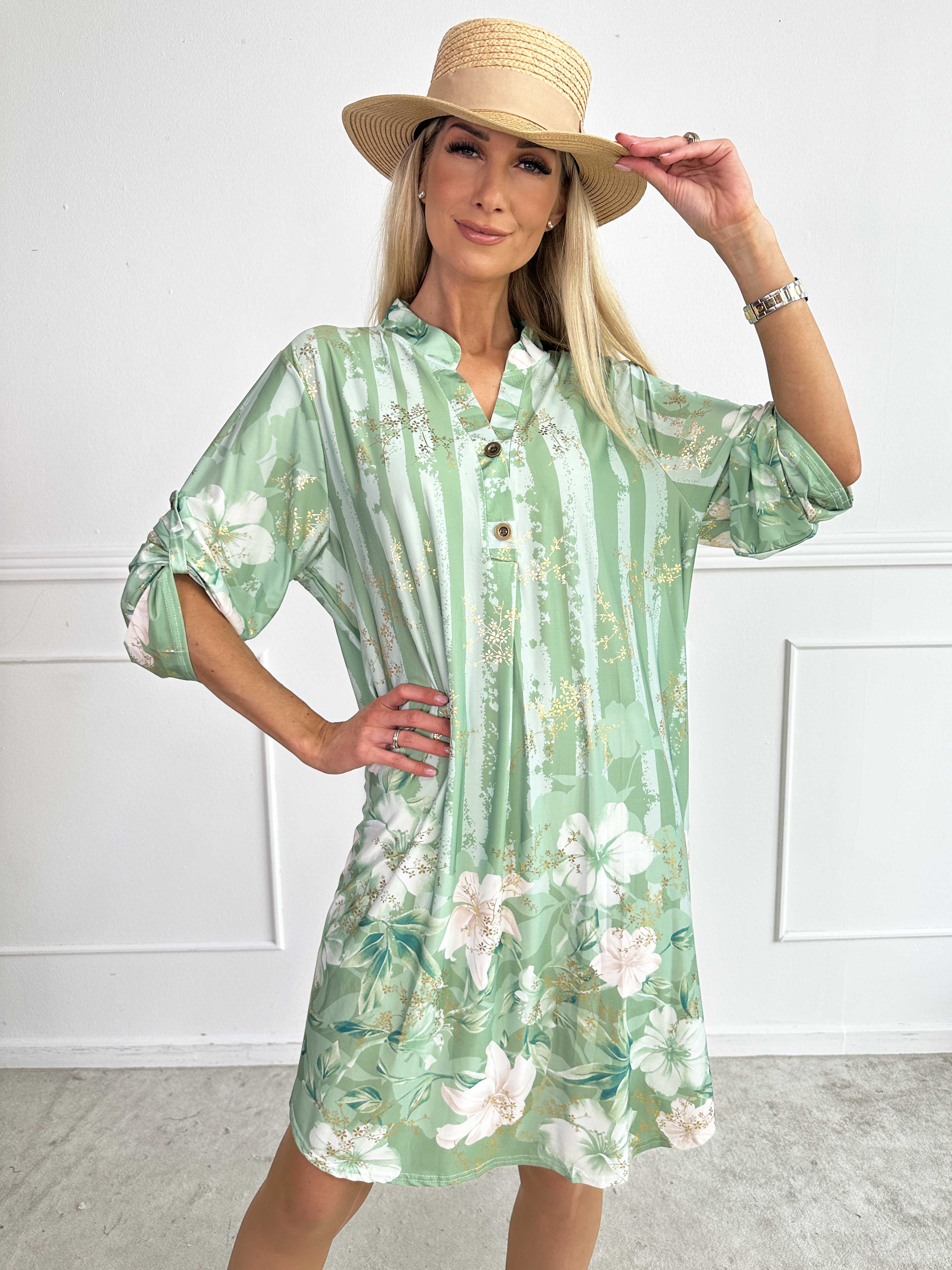 Ebba Floral Stripe Long - Elastisk blommig klänning med gulddetaljer