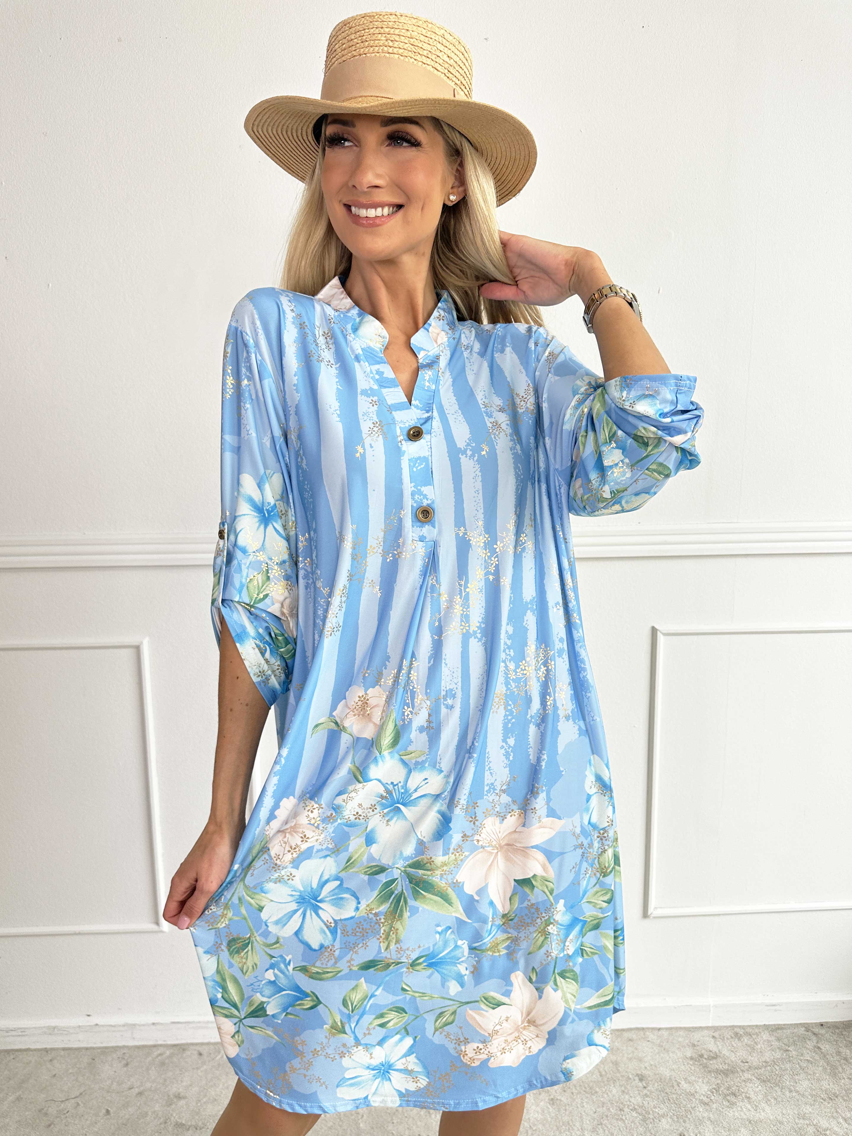 Ebba Floral Stripe Long - Elastisk blommig klänning med gulddetaljer