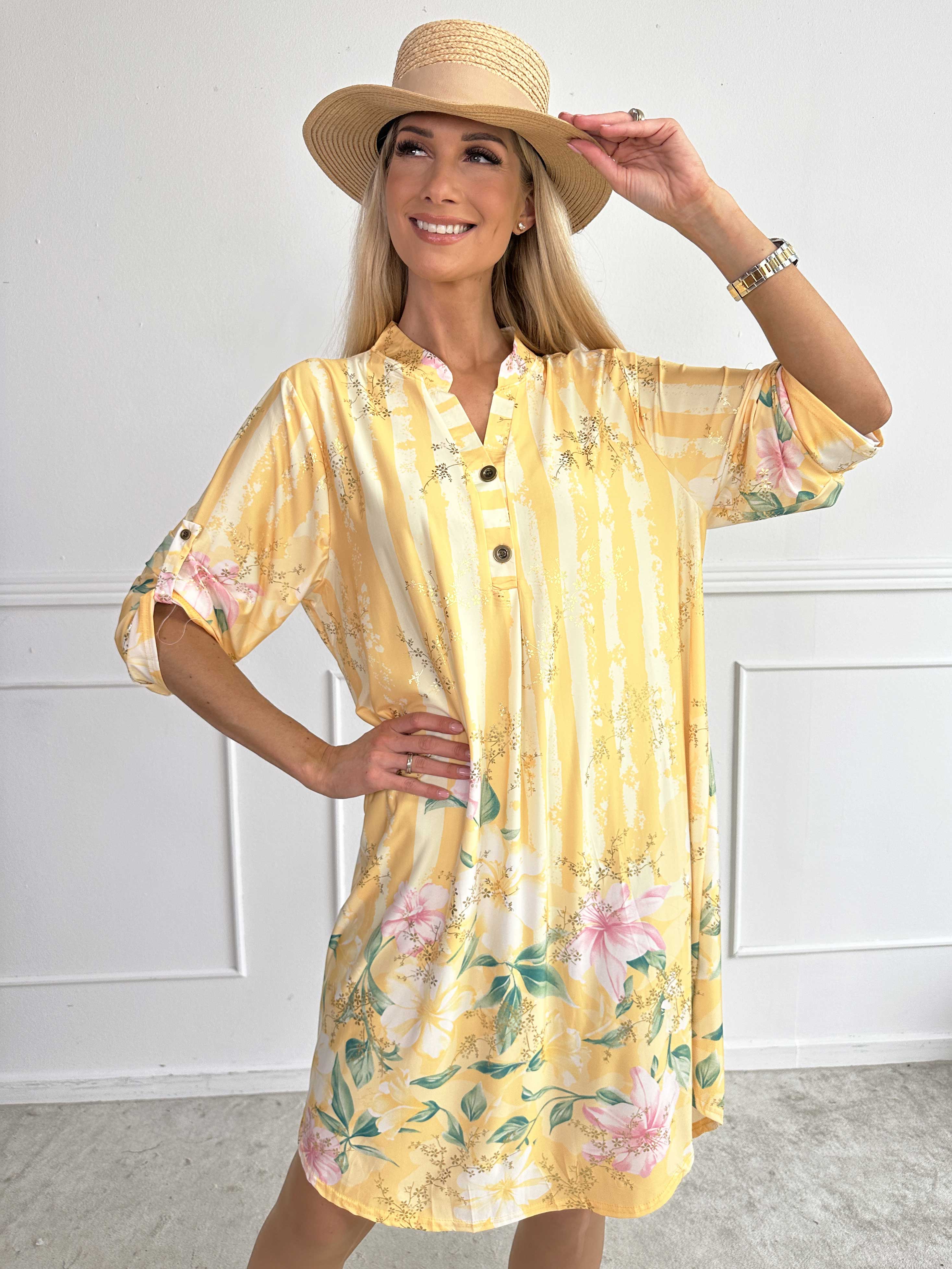 Ebba Floral Stripe Long - Elastisk blommig klänning med gulddetaljer