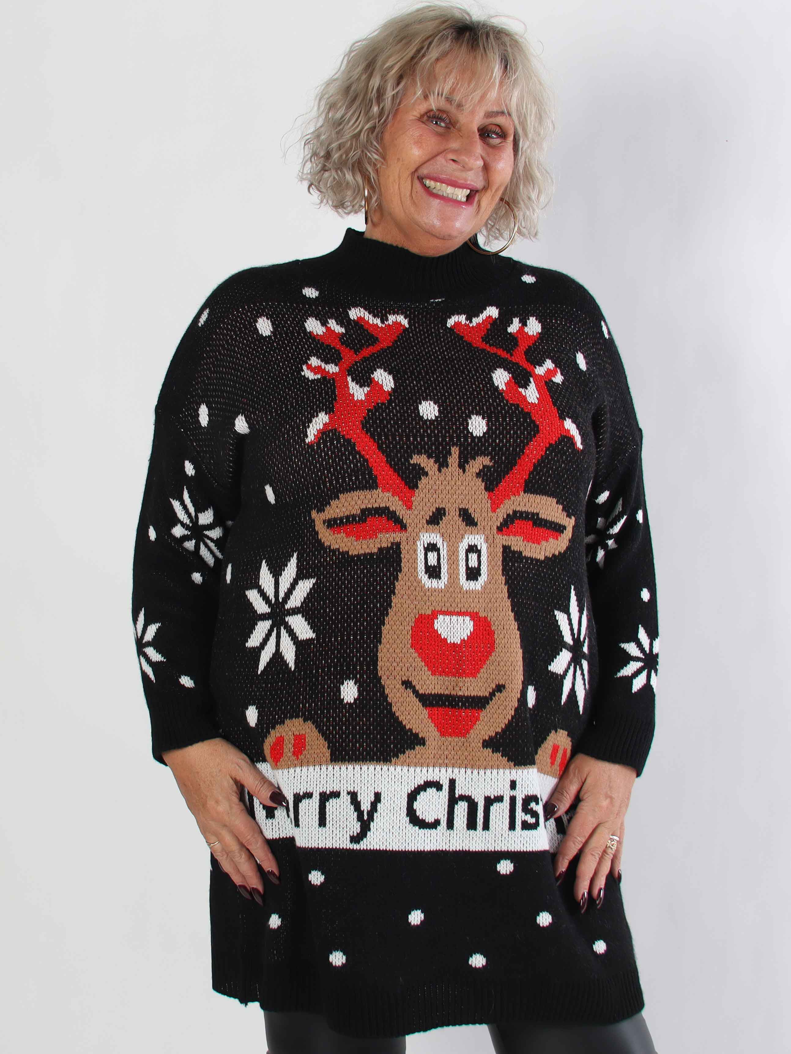 Rudy - Stickad plus size julklänning med Rudolf på magen