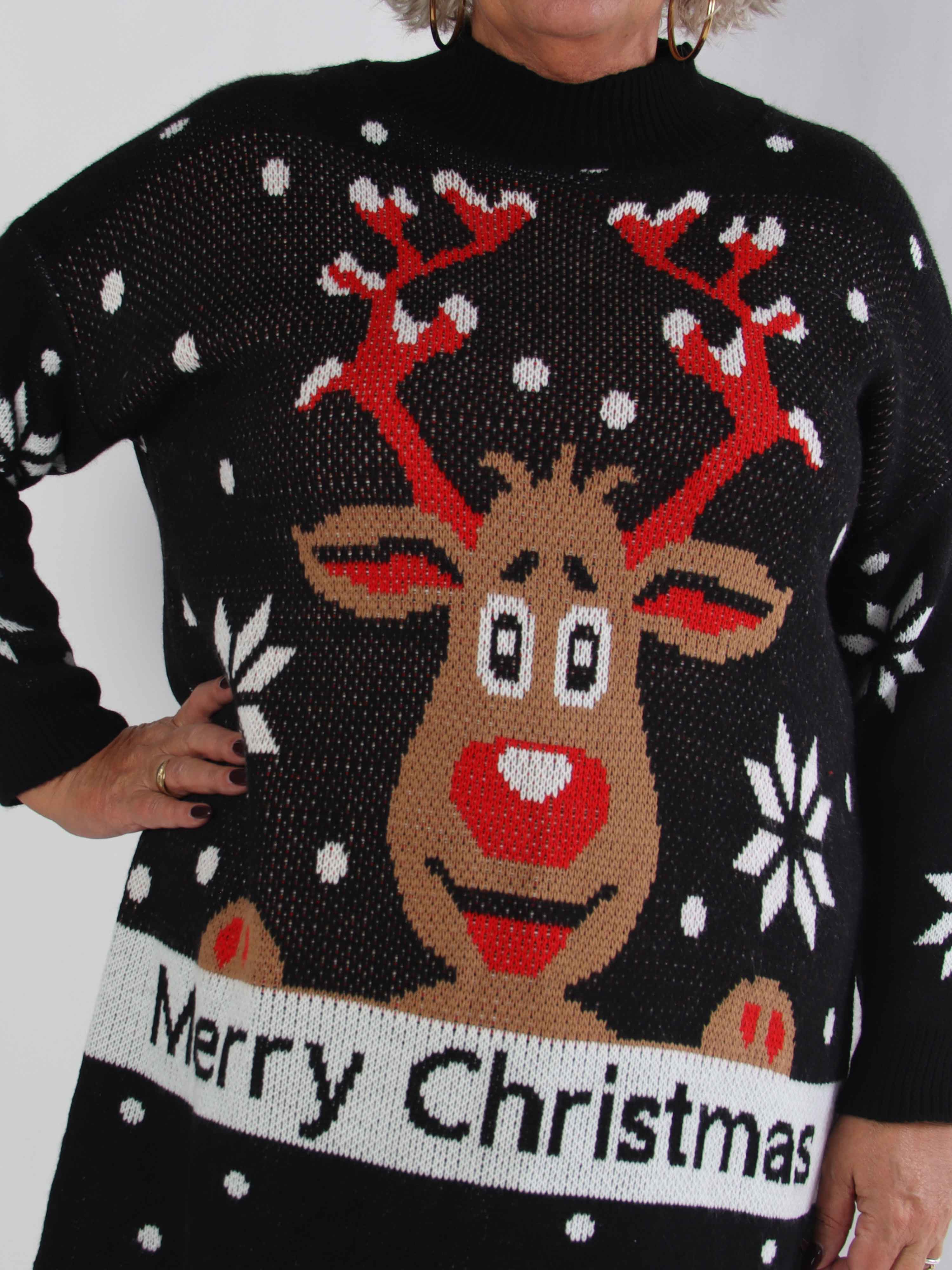 Rudy - Stickad plus size julklänning med Rudolf på magen