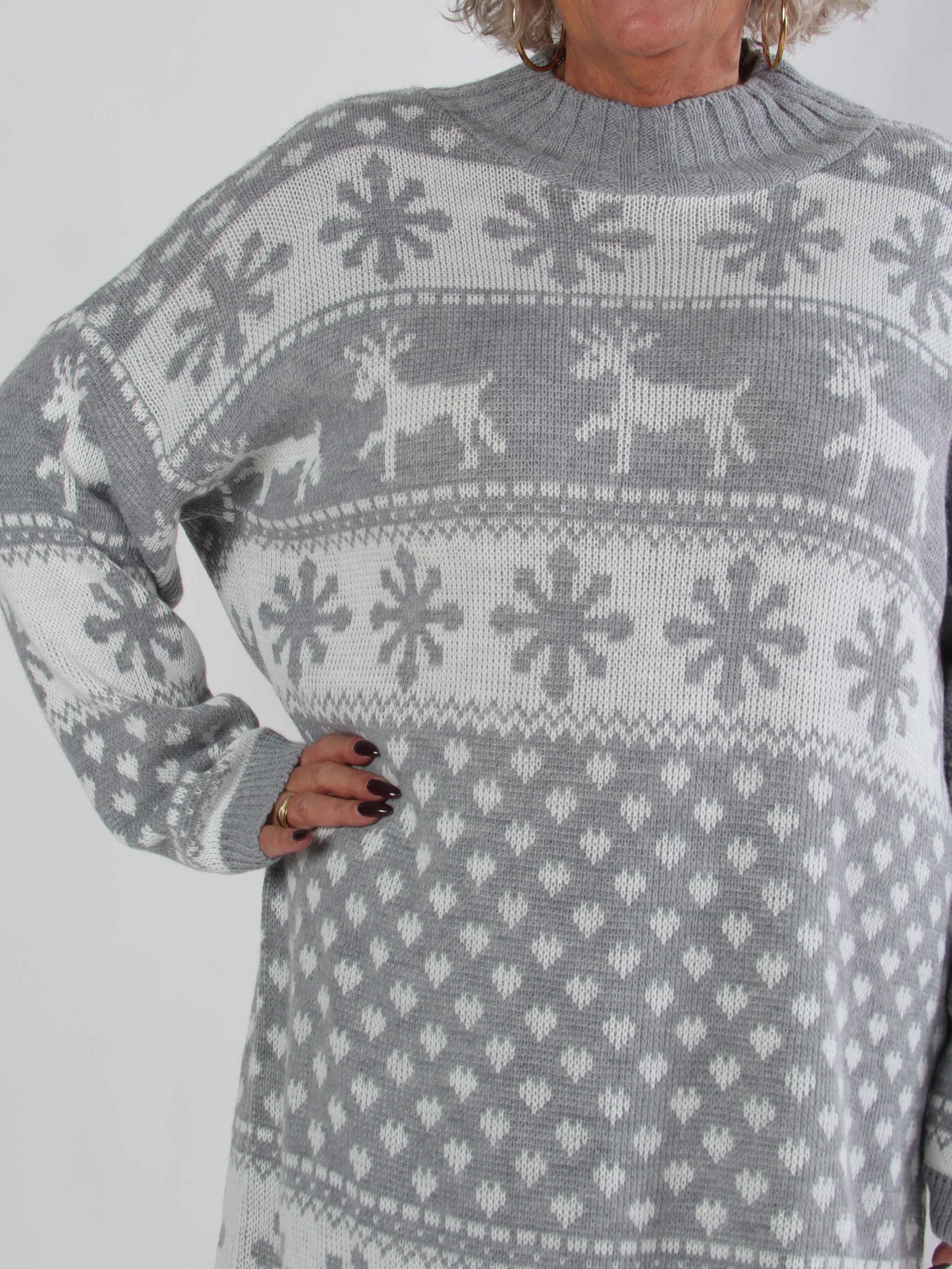 Elza - Stickad plus size julklänning med renar och snöflingor