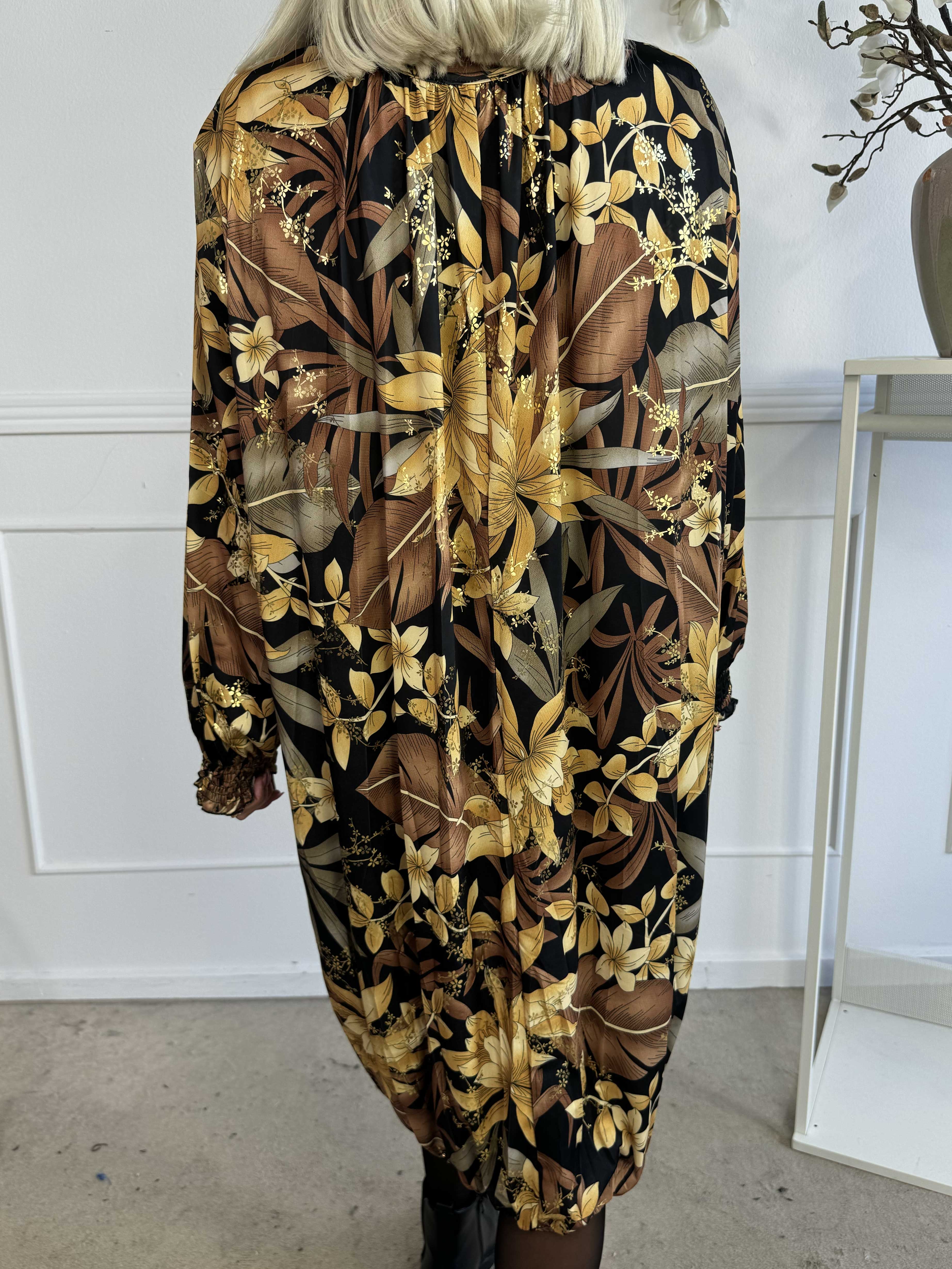 Miracle Gold Flower Dress L/S - Blommig klänning med resår