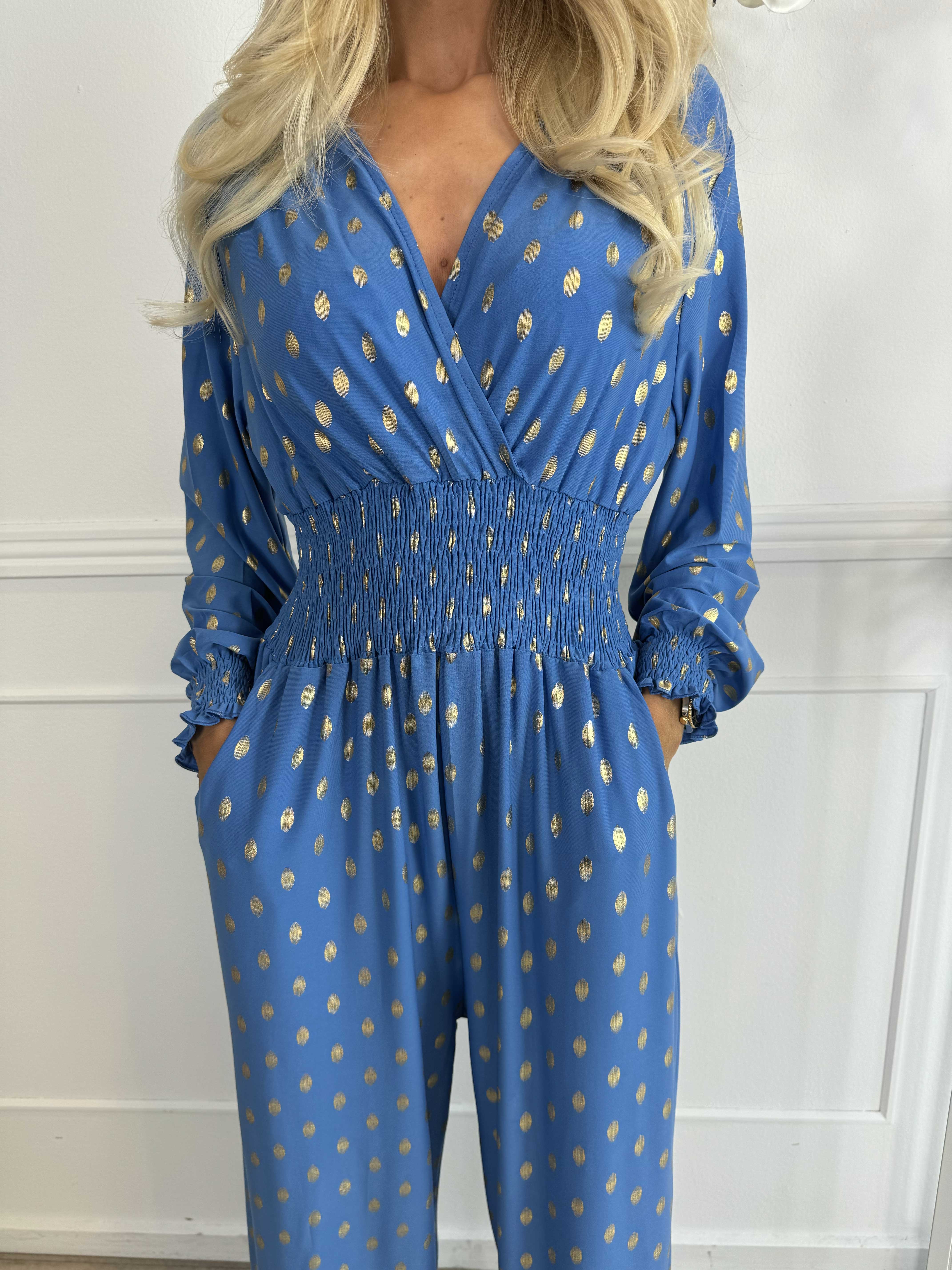 Pams Gold Dot Jumpsuit L/S - Jumpsuit i stretchigt tyg med guldprickar