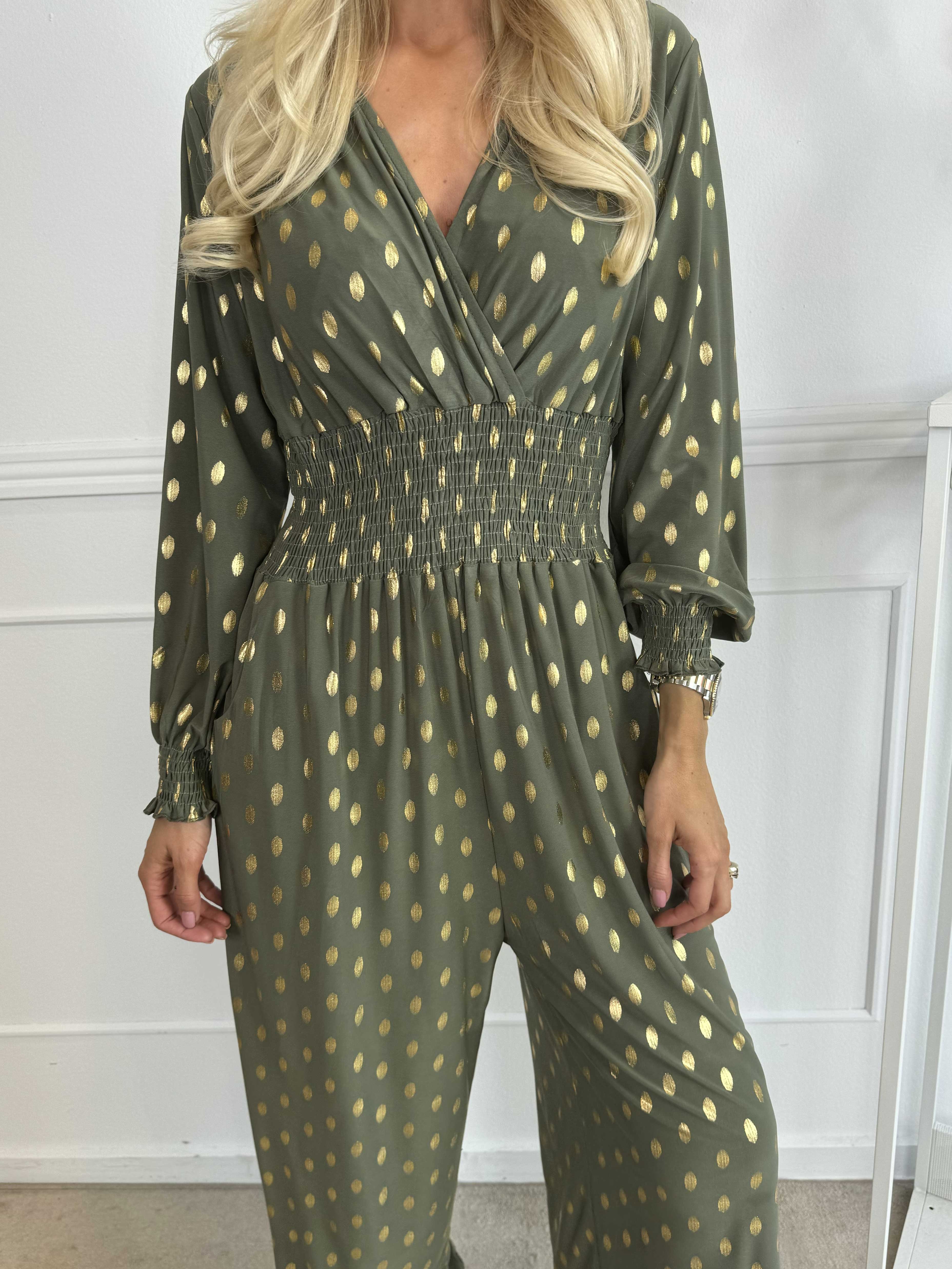 Pams Gold Dot Jumpsuit L/S - Jumpsuit i stretchigt tyg med guldprickar