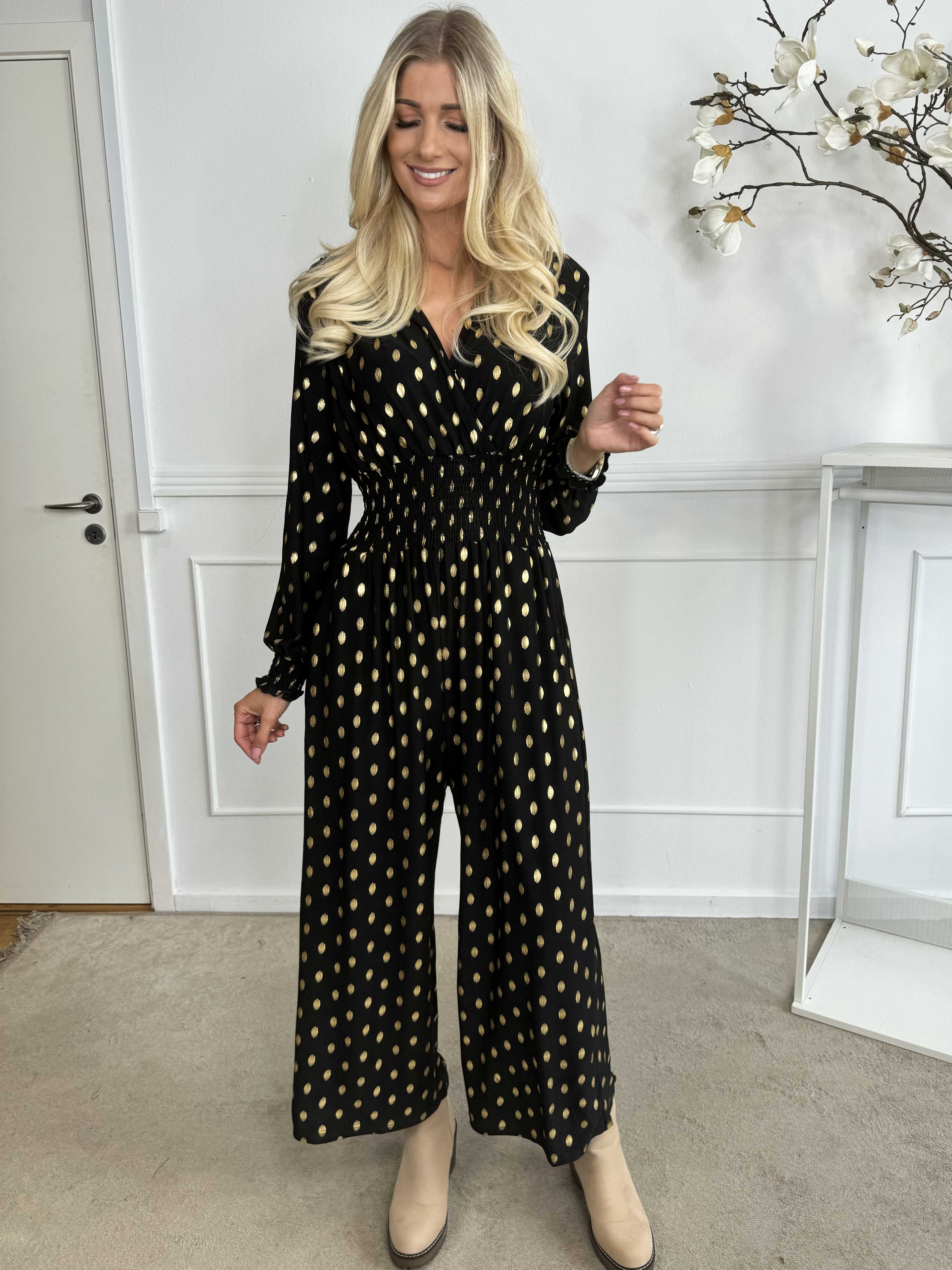 Pams Gold Dot Jumpsuit L/S - Jumpsuit i stretchigt tyg med guldprickar