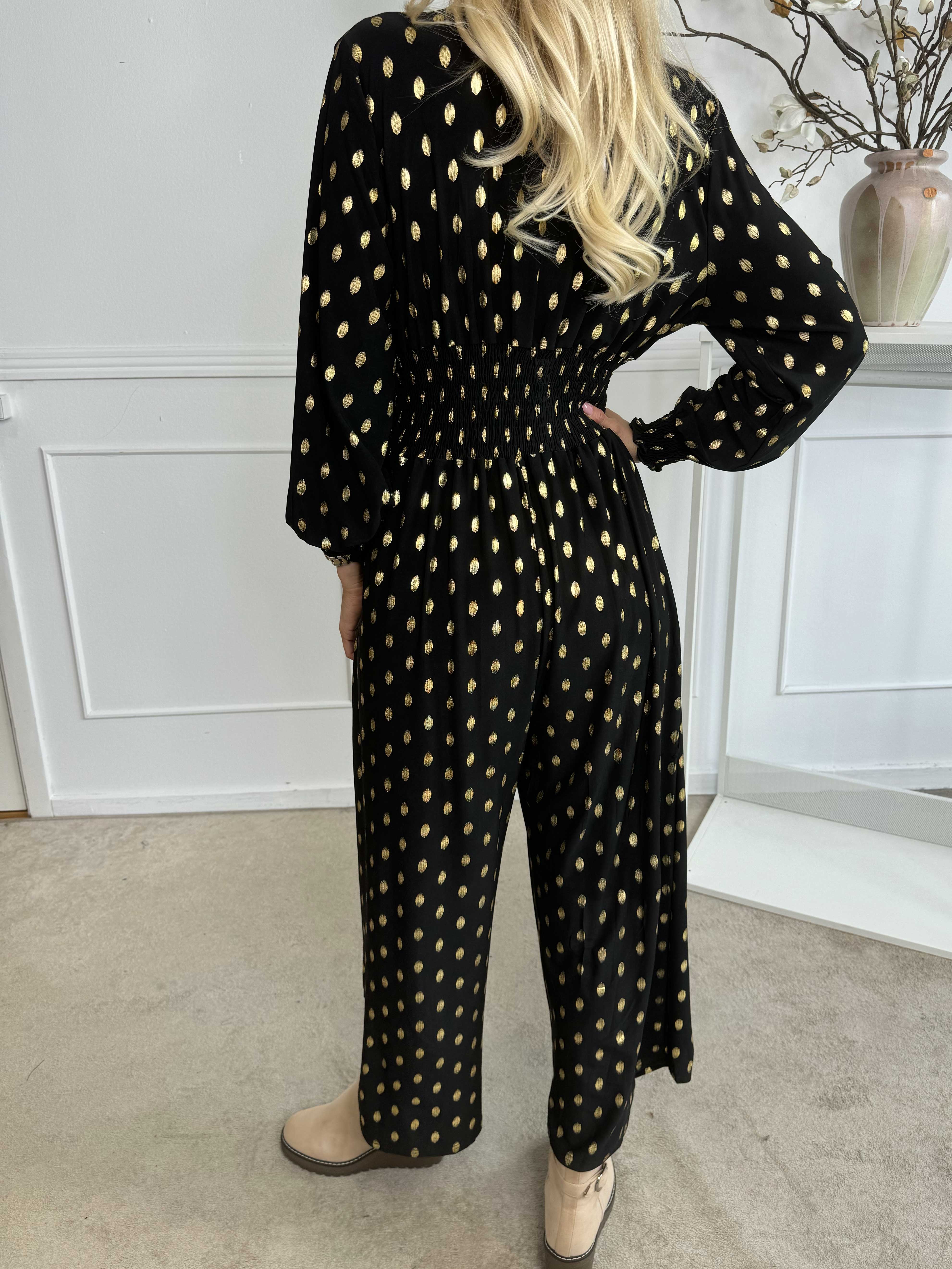 Pams Gold Dot Jumpsuit L/S - Jumpsuit i stretchigt tyg med guldprickar