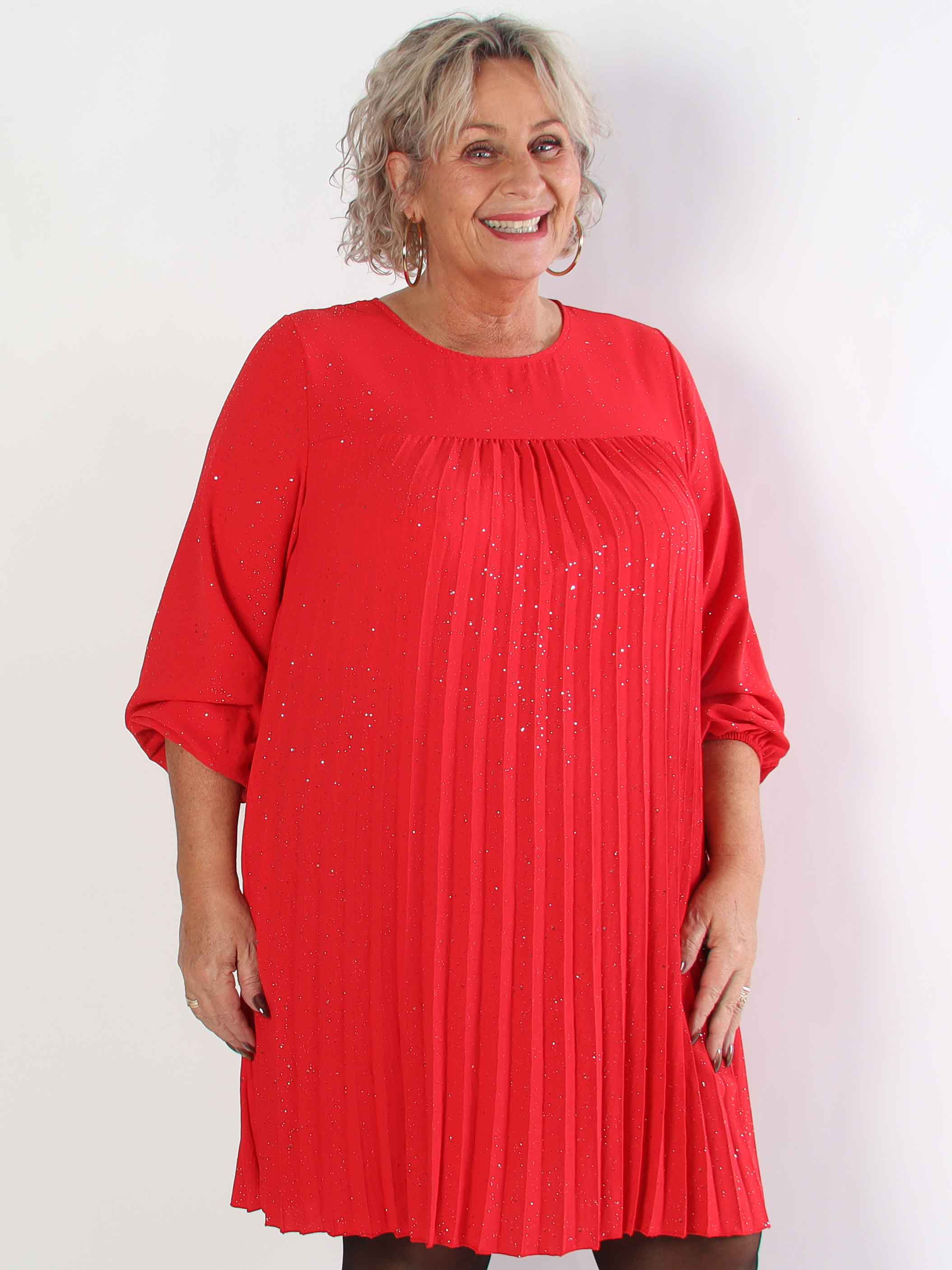Nancy Glitter Short L/S - Plisserad plus size klänning med fickor och glitter