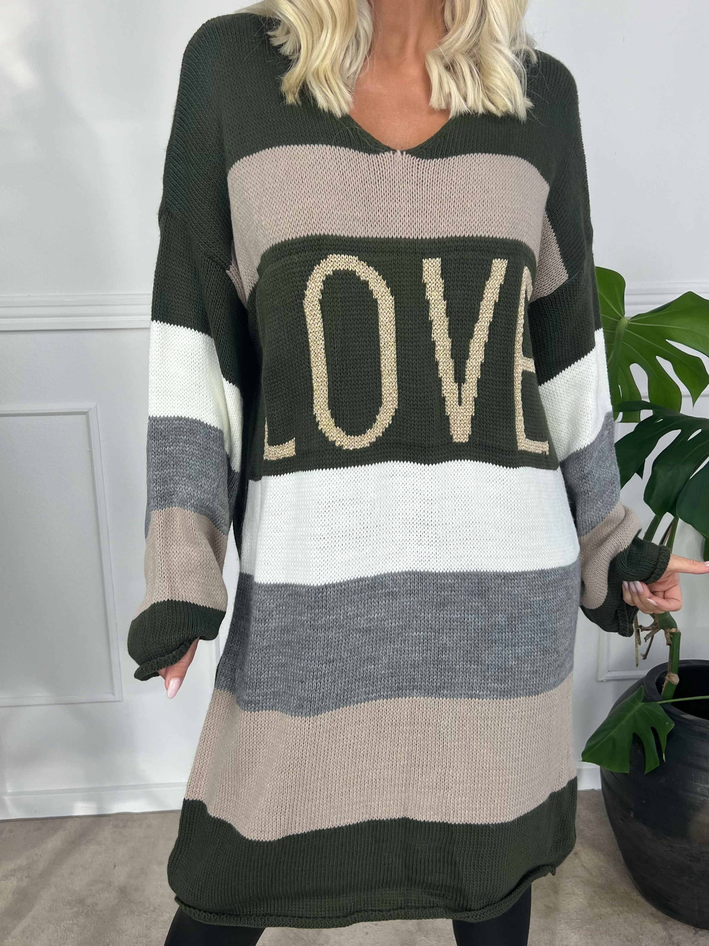 Love - Stickad klänning med breda ränder och text med glittertrådar