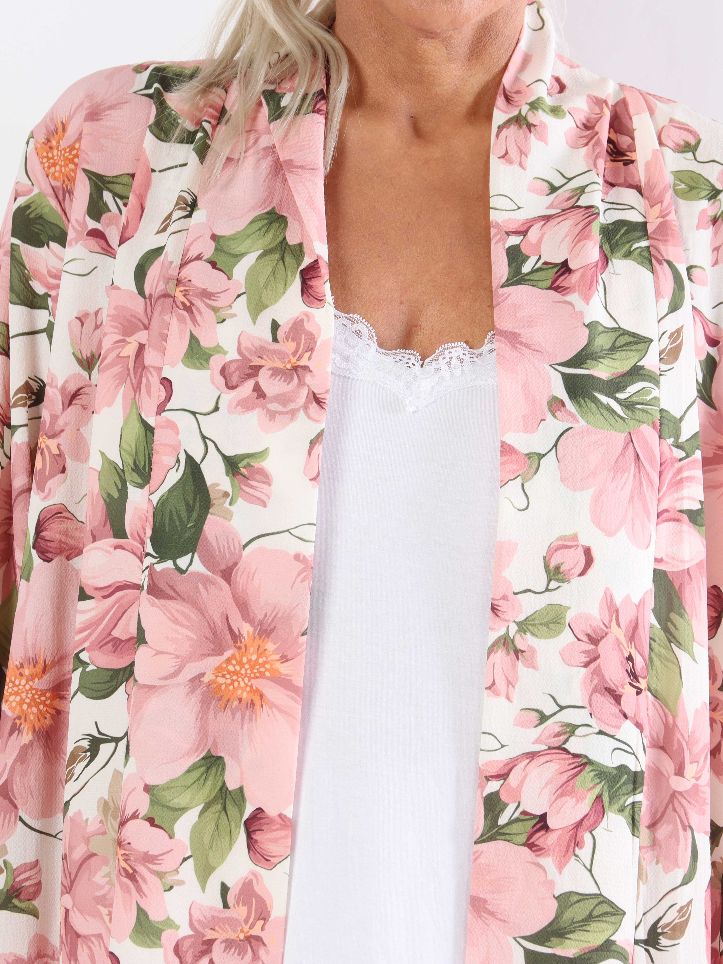 Flower Kimono - Söt lång plus size kimono med blomtryck